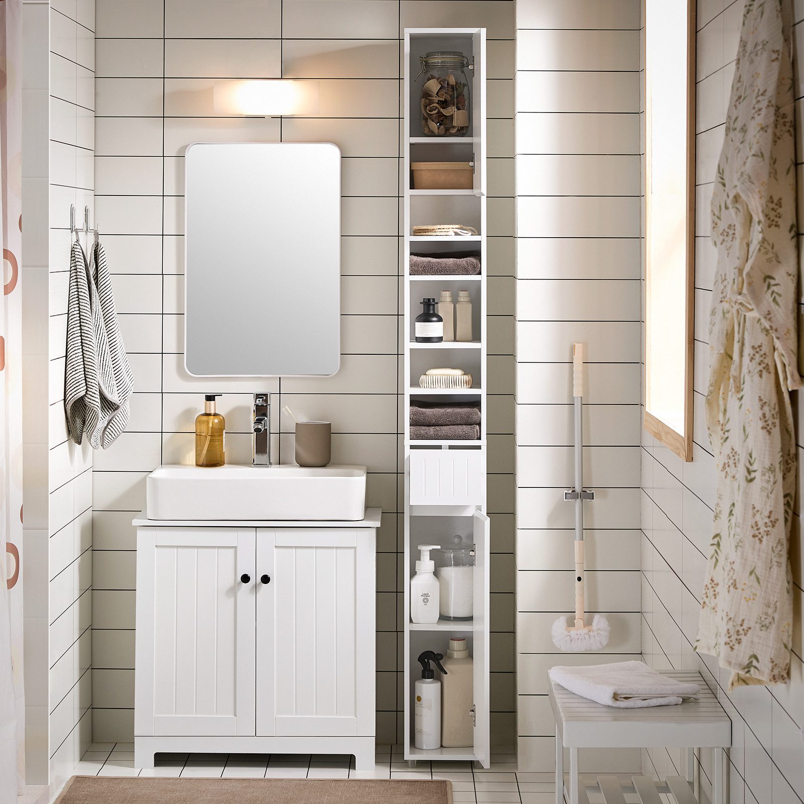 SoBuy Hochschrank BZR160, Badzimmerschrank schmal, Badezimmer Hochschrank mit 5 Fächern Badschrank Badregal mit 1 Schublade und Türen Badezimmer – Bild 3 von 5