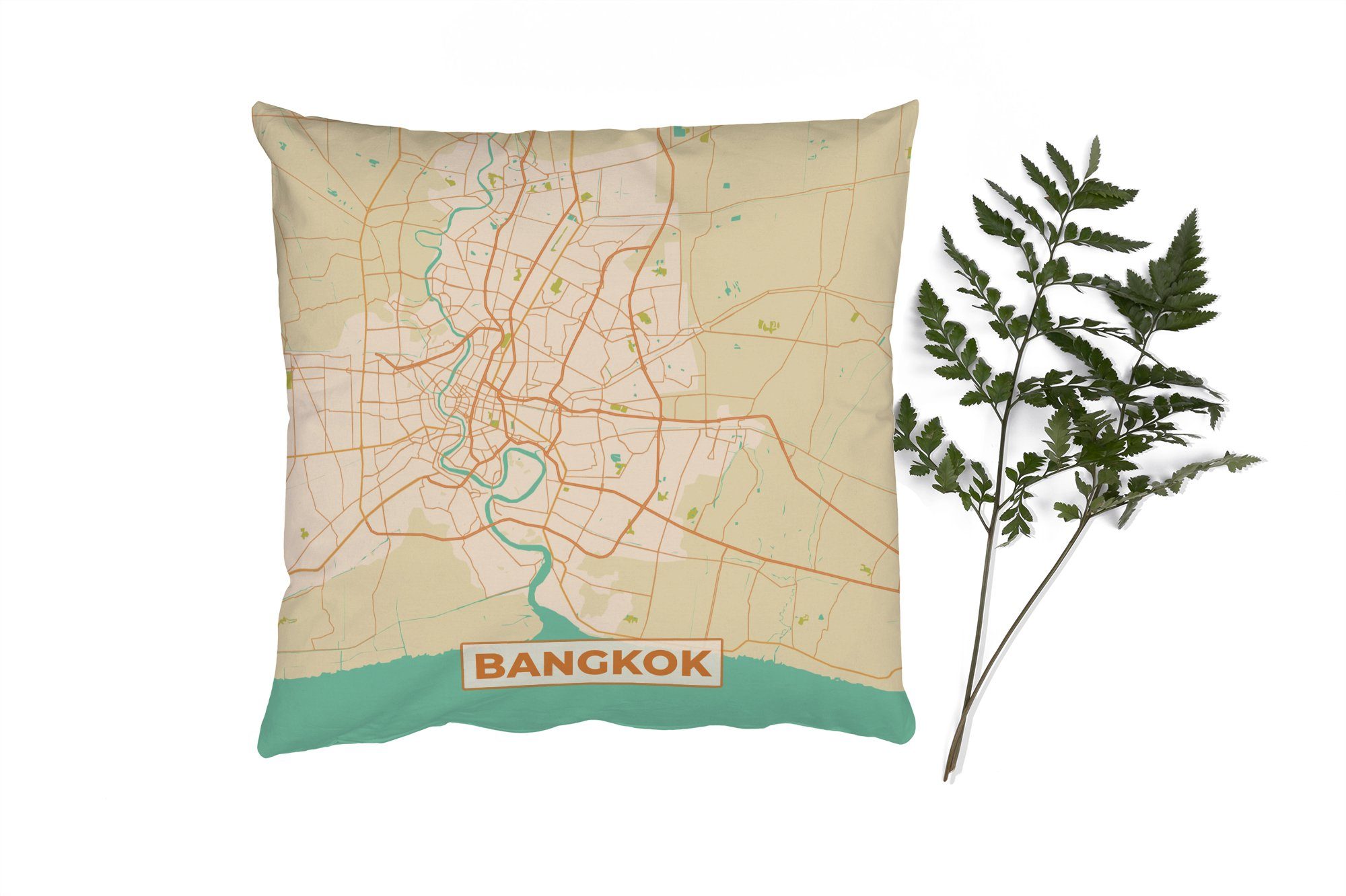 - Sofakissen Bangkok - Vintage - Karte Schlafzimmer, für Zierkissen Stadtplan, Füllung mit Dekokissen Deko, Wohzimmer, MuchoWow