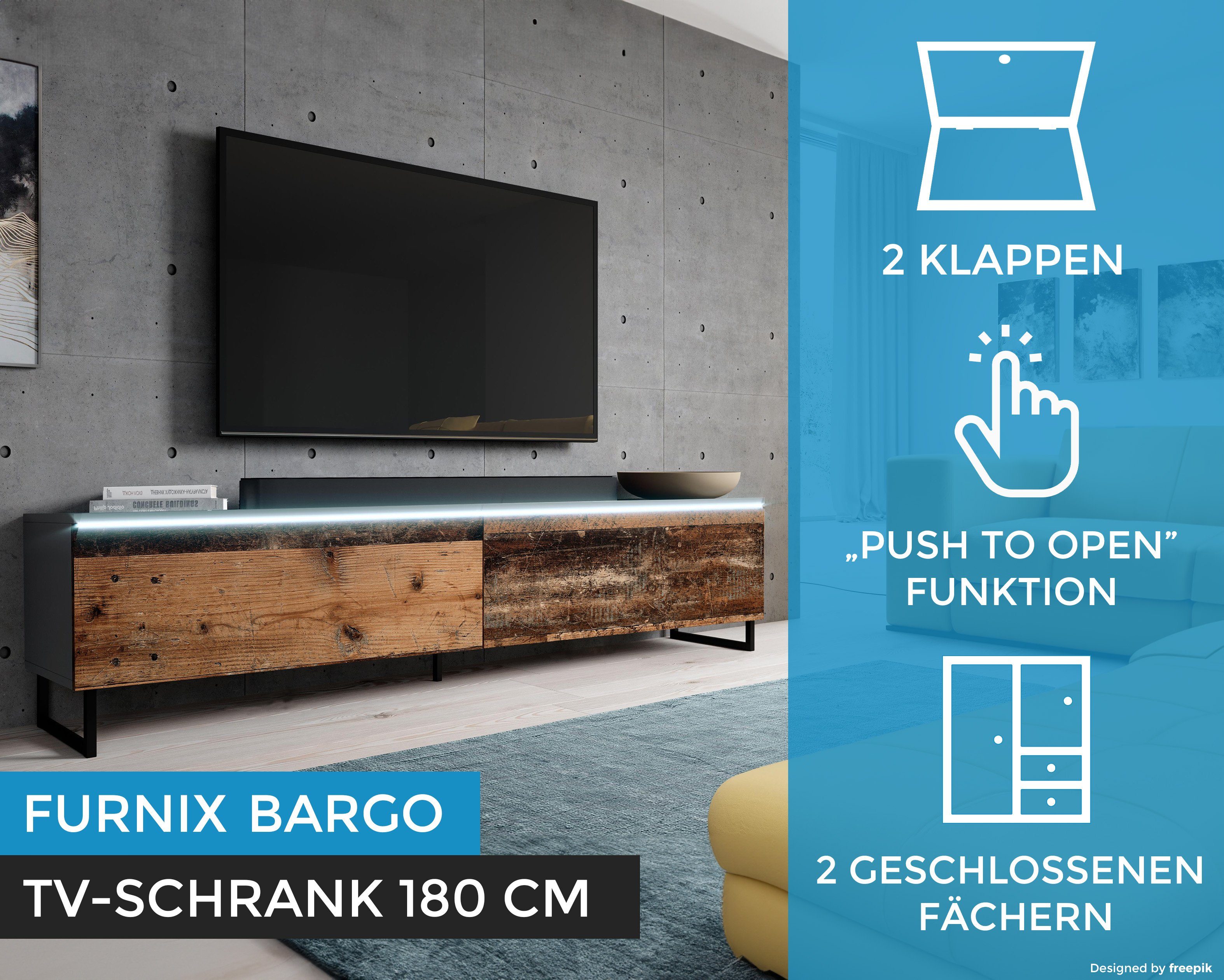 T32 Furnix TV-Schrank Anthrazit/old H34 LED, TV-Board BARGO Metallfüßen OHNE wood B180 mit x cm x