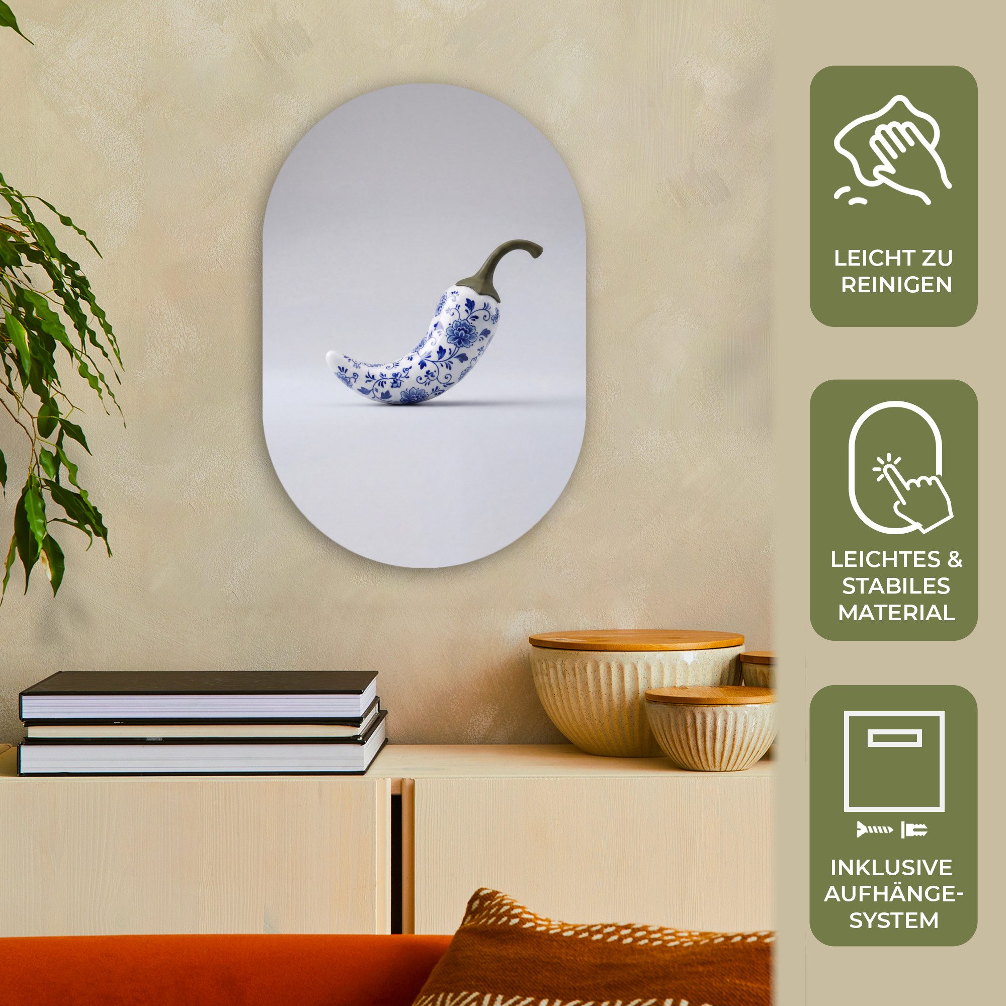 MuchoWow Gemälde Chilischote - Keramik - Blau, Fotodruck (1 St), Wandbild Oval, Wohnzimmer oder Schlafzimmer Wanddekoration, 40x60 cm