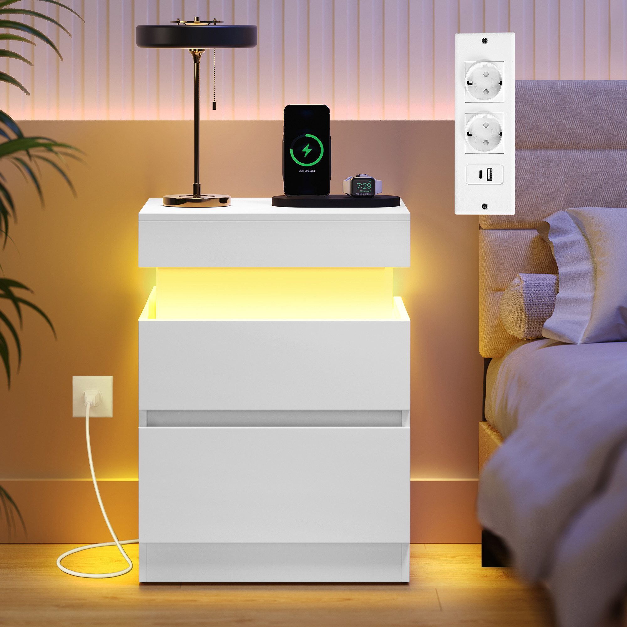 VASAGLE Nachttisch mit Steckdosen, Schiebedeckel, 2 Schubladen und LED-Beleuchtung, moderner Beistelltisch, 1er/2er Set