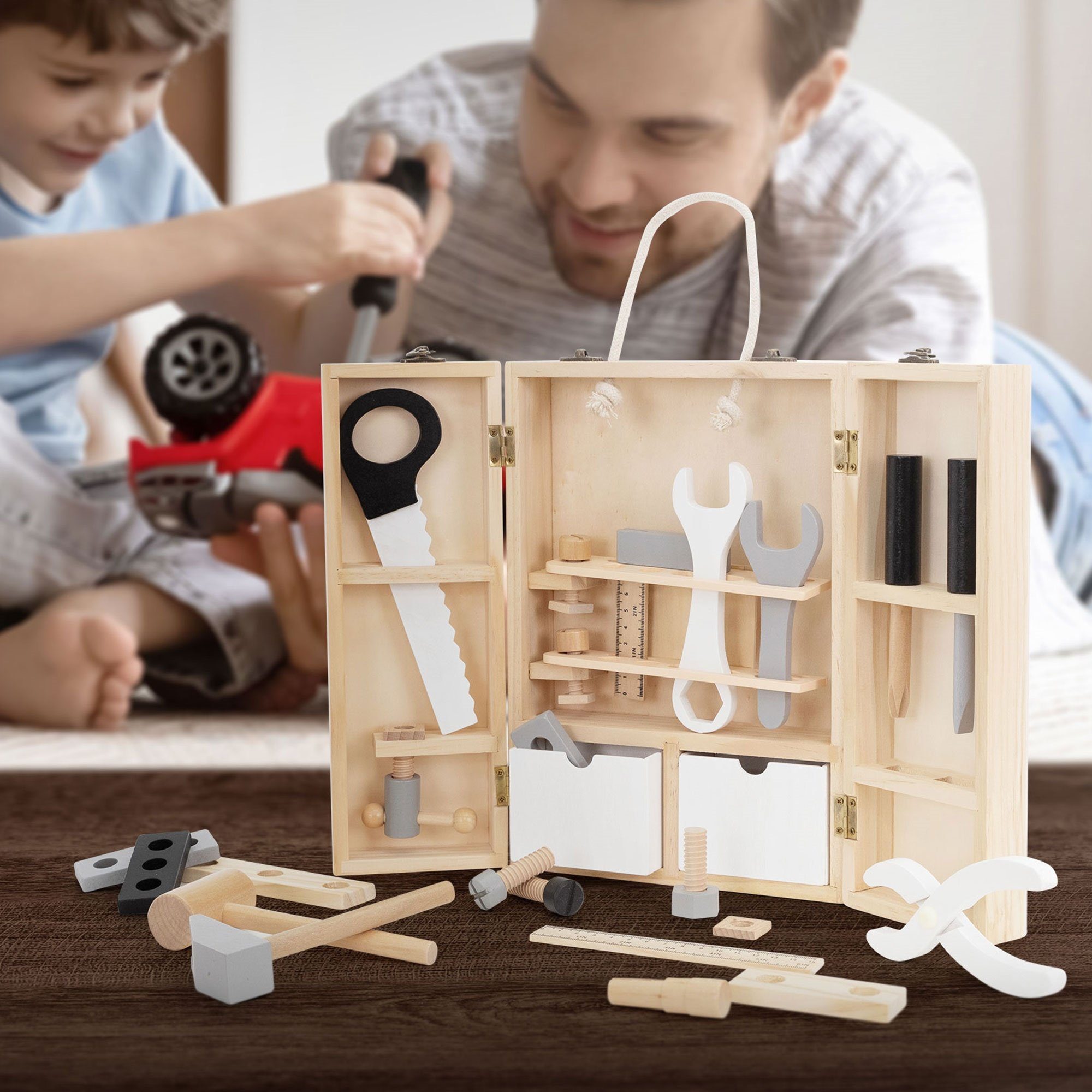Joyz Spielwerkzeugkoffer Werkzeugkasten für Kinder ab 1 Jahr 21x30x8 cm  Natur aus Holz Joyz
