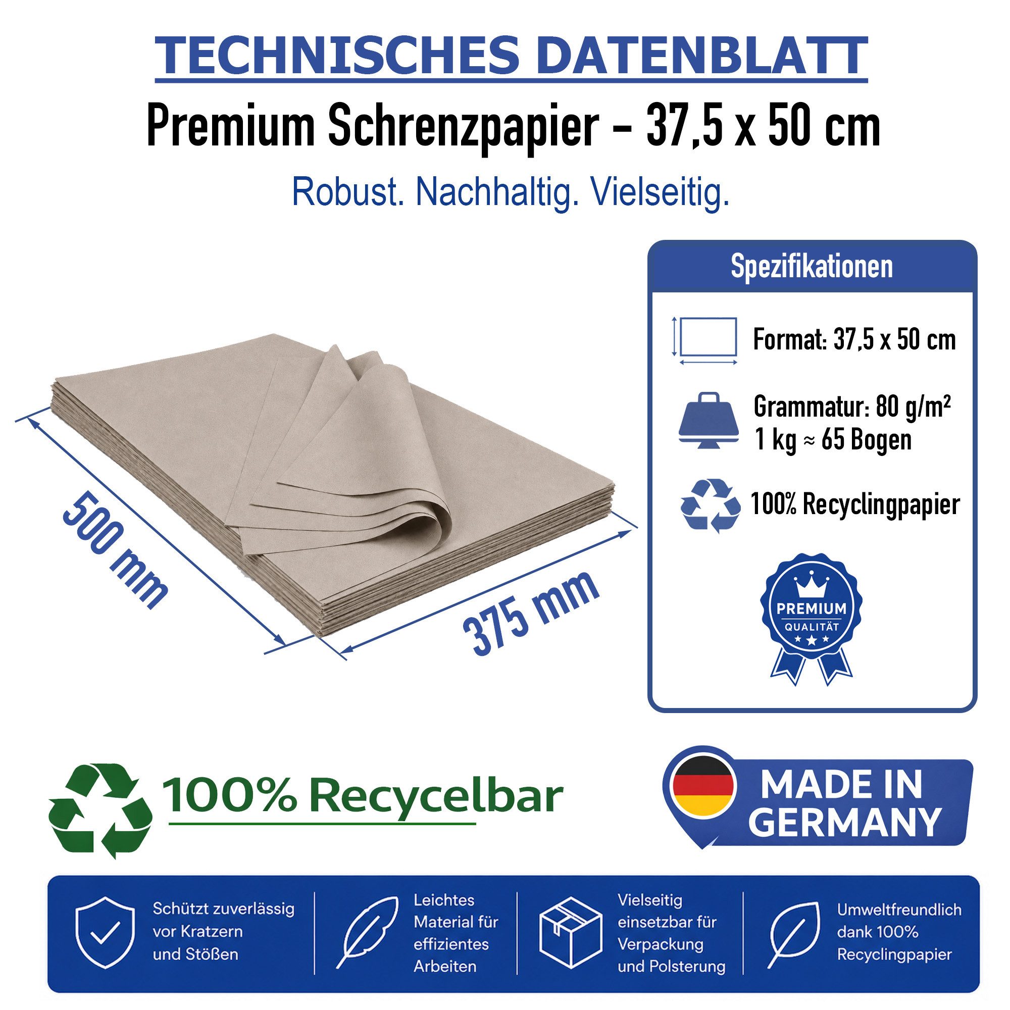 Papieronkel Recyclingpapier Schrenzpapier Packpapier Bogen 37,5x 50cm 80g/m² Umzugpapier Packen, 5kg Einschlagpapier, 100% Öko-Recycling, Made in Germany, plastikfrei