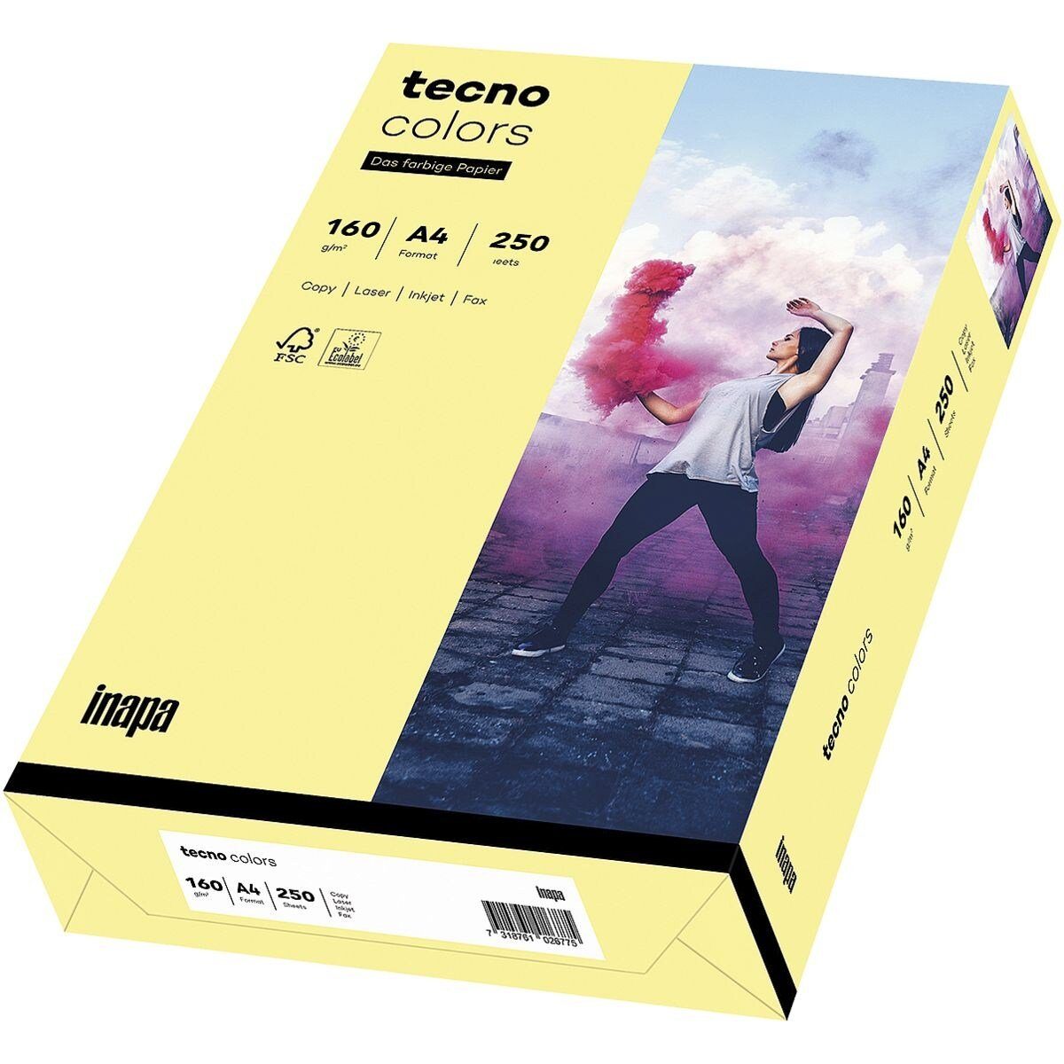 Inapa tecno Drucker- und Kopierpapier Rainbow / tecno Colors, Pastellfarben, Format DIN A4, 160 g/m², 250 Blatt hellgelb
