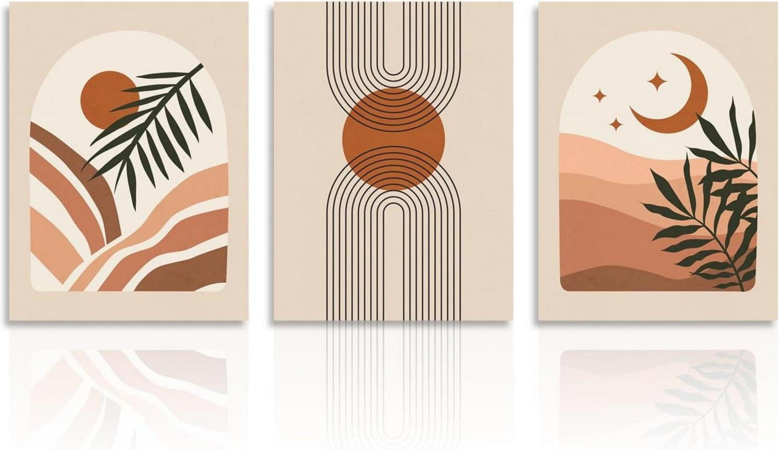 Leinwandbild Abstrakte Boho Wandbilder Sonne Mond Salbei Grün 30x40 cm 3er Set