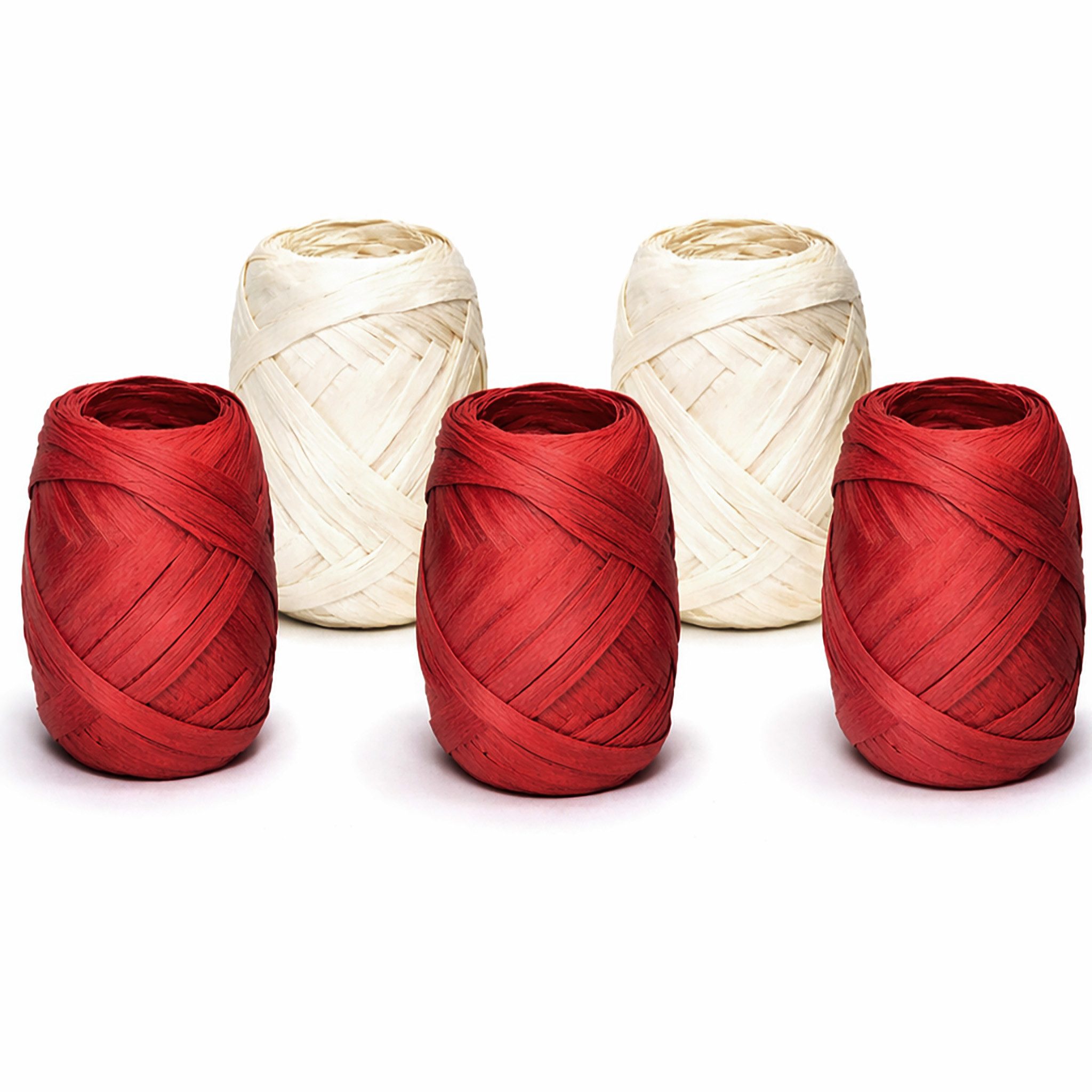 Creativery Bastelband, Papierband Raffiabast 5 Rollen Set je 20m Rot / Weiß Mix