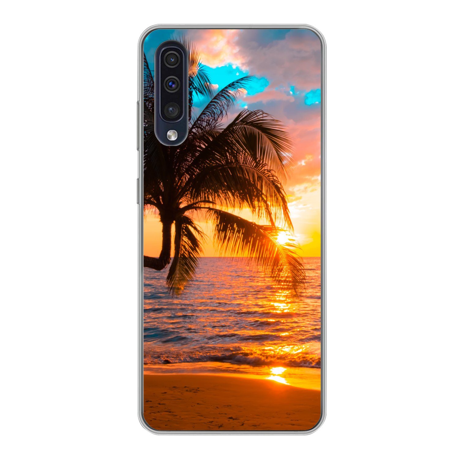 MuchoWow Handyhülle für Samsung Galaxy A30s Palme - Sonnenuntergang - Horizont - Strand -, Smartphone-Bumper, Print, Handy Schutzhülle Dünn