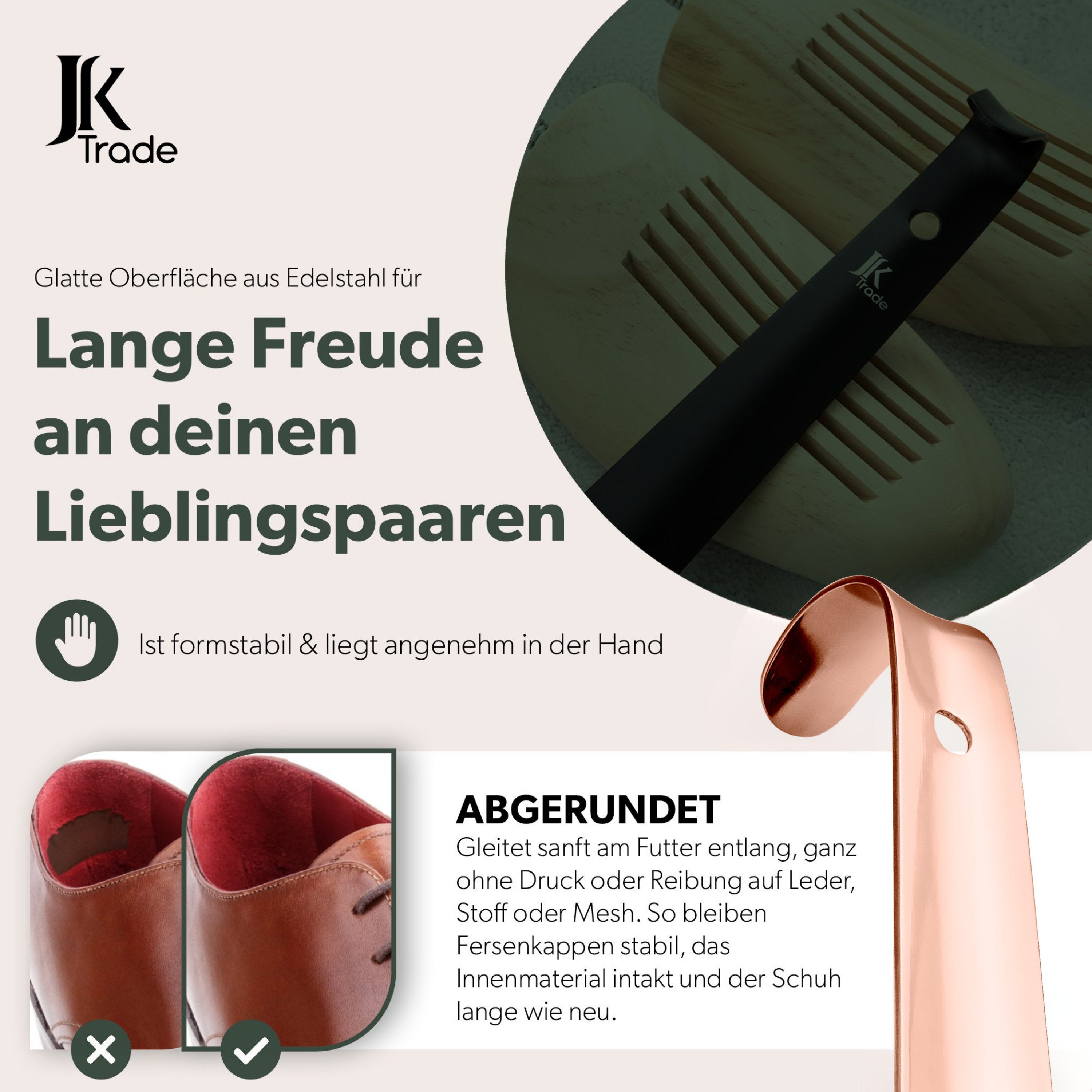 JK Trade Schuhlöffel 29cm Edelstahl Roségold poliert (1-tlg., klein & stabil), für jede Sporttasche – Aufhängbar & hochwertig verarbeitet