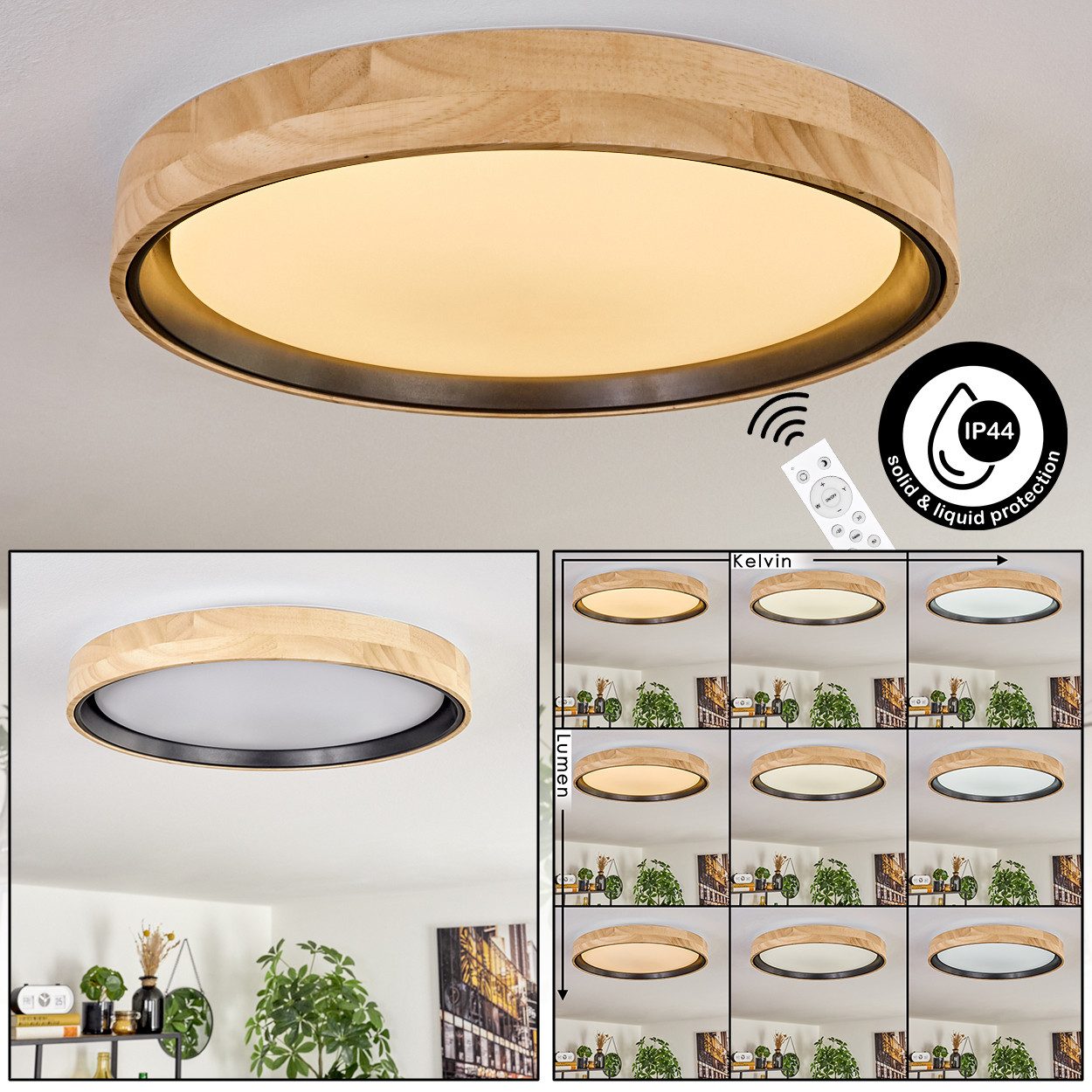 hofstein Deckenleuchte dimmbare Deckenleuchte aus Holz/Metall/Kunststoff in Natur/Weiß, LED wechselbar, 2700-6500 Kelvin, dimmbar über Fernbedienung, LED, (40cm), auch für Badezimmer, IP44
