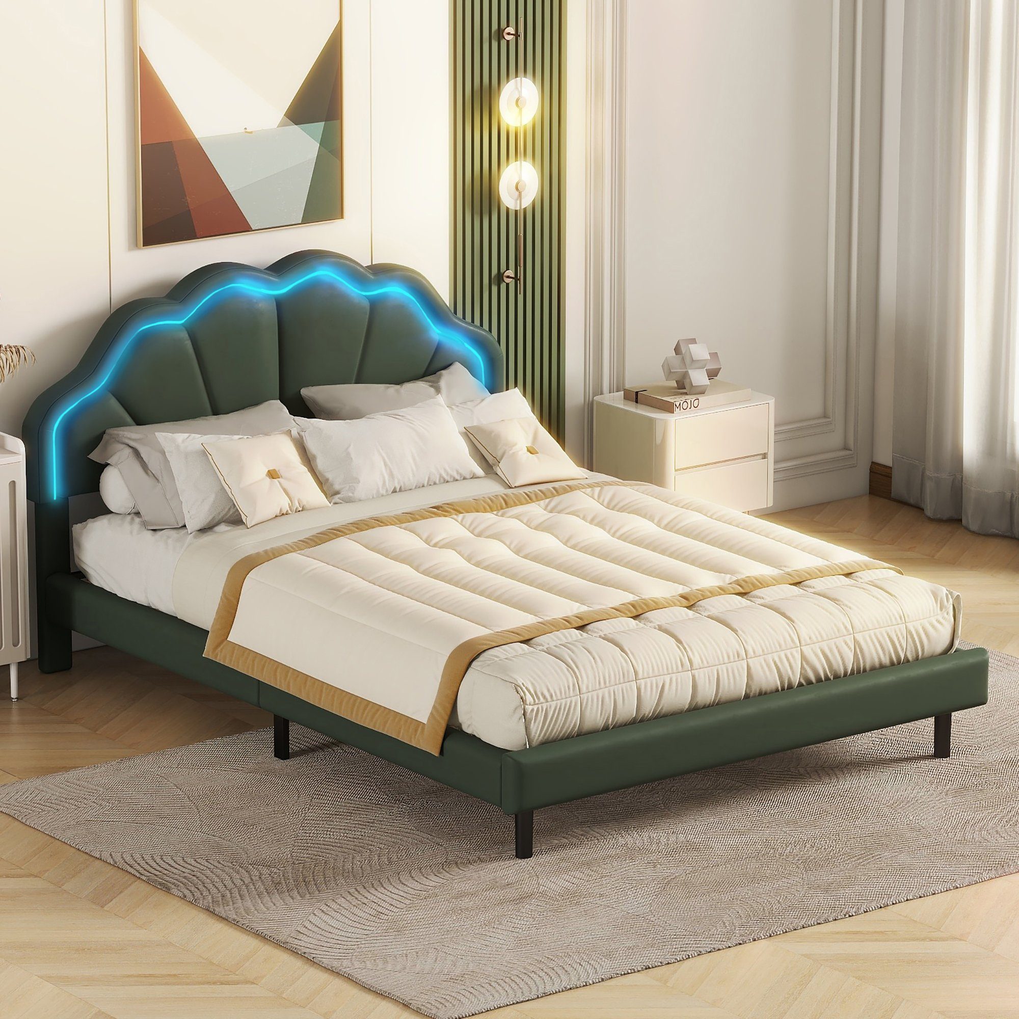 grün mit Doppelbett Rahmen, flächiges und LED-Leuchten Bett Kopfteildesign (Gepolsterter Schwebebett Funktionsbett Matratze Polsterbett 140*200cm), Doppelbett-Gästebett, OKWISH ohne