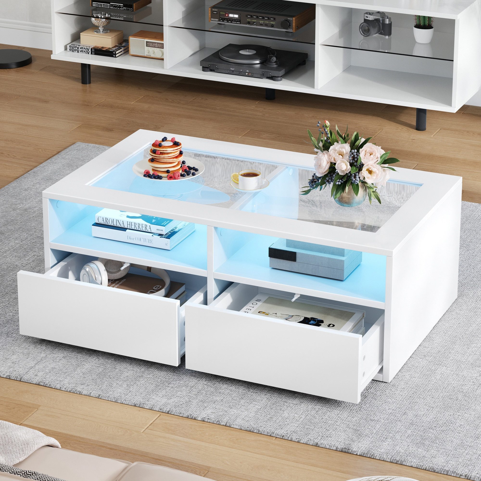 Merax Couchtisch Wohnzimmertisch Beistelltisch mit LED-Beleuchtung (100×50×35 cm, 1-St., zweistöckigem Design & modernem Look), Sofatisch mit gehärteter Glaspla – Bild 3 von 5