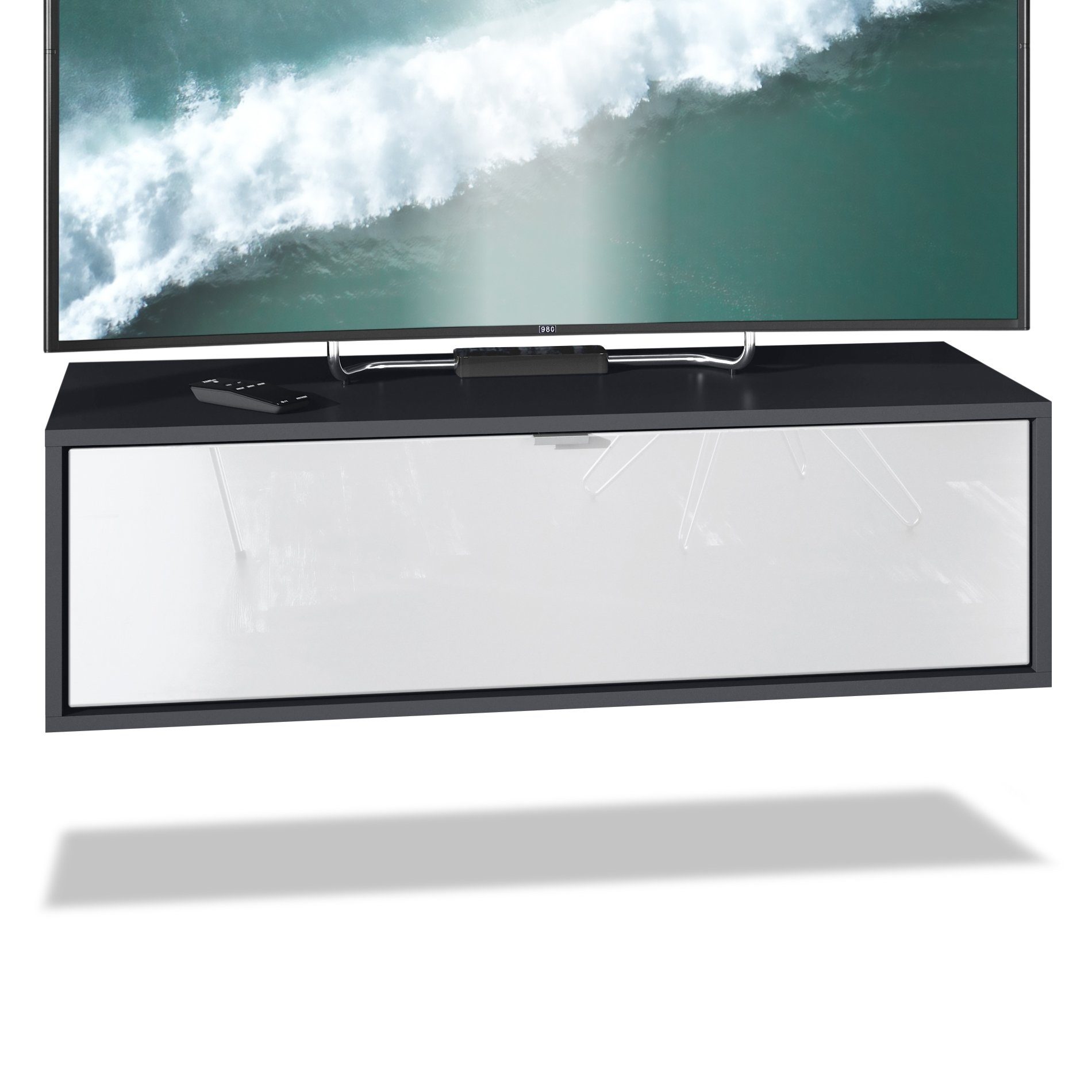 Vladon Lowboard Lana 1000 (TV-Kommode, mit Klappe), Schwarz matt/Weiß Hochglanz (100 x 29 x 37 cm)