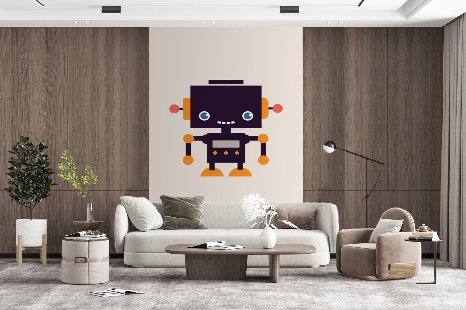 Orange - Kind - für St), MuchoWow - Roboter Beige (3 - Montagefertig bedruckt, Tapete Wandtapete Vinyl Kinder, Antenne - Wohnzimmer, Matt, Fototapete