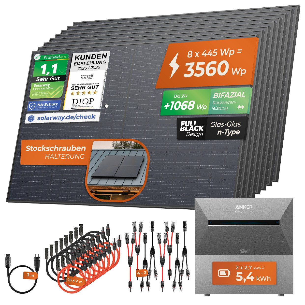 Solarway Balkonkraftwerk All In One mit Speicher 3560W komplett Steckdose - 5,4 kWh, Prismatische LiFePO₄-Zellen, (Anker SOLIX Solarbank 3 E2700 Pro), hoher Wirkungsgrad, Wasserdicht