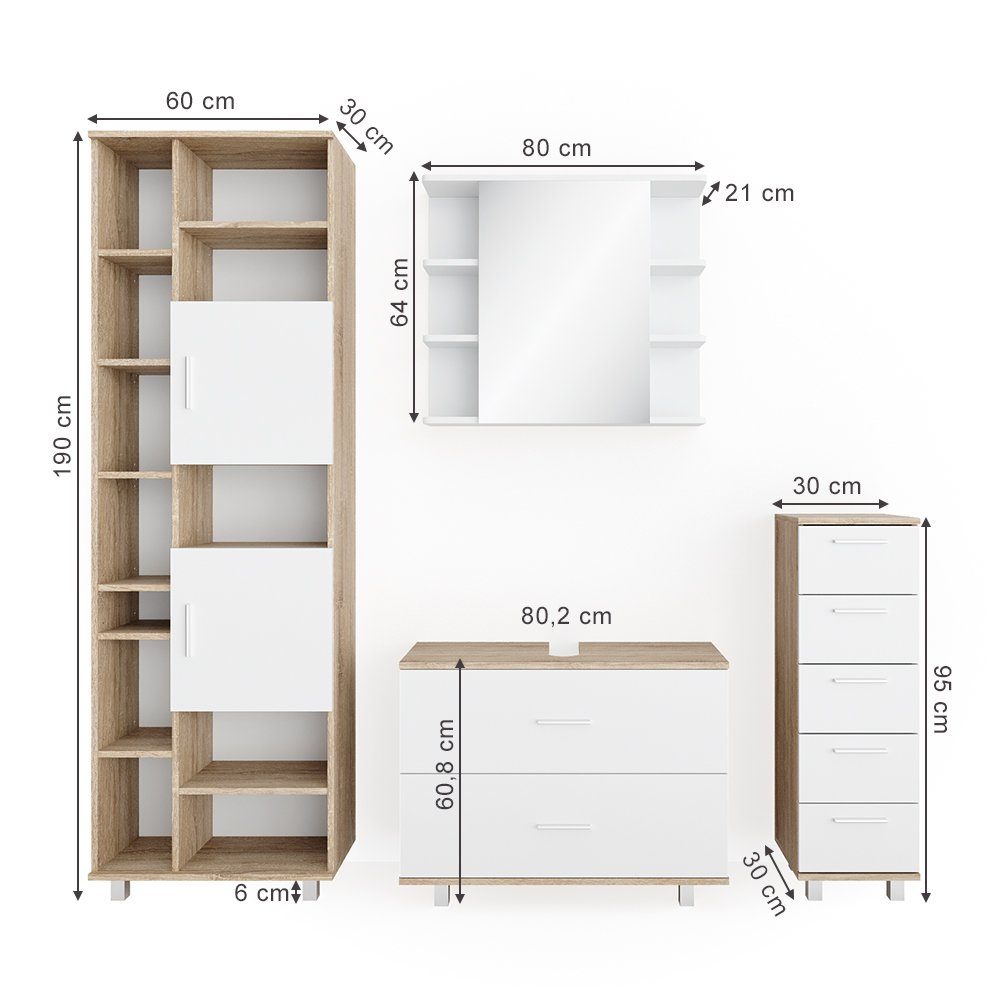 Vicco Badmöbel-Set Ilias, Weiß/Sonoma, 4 Teile, mit Hochschrank, (4-St., 4er Set)