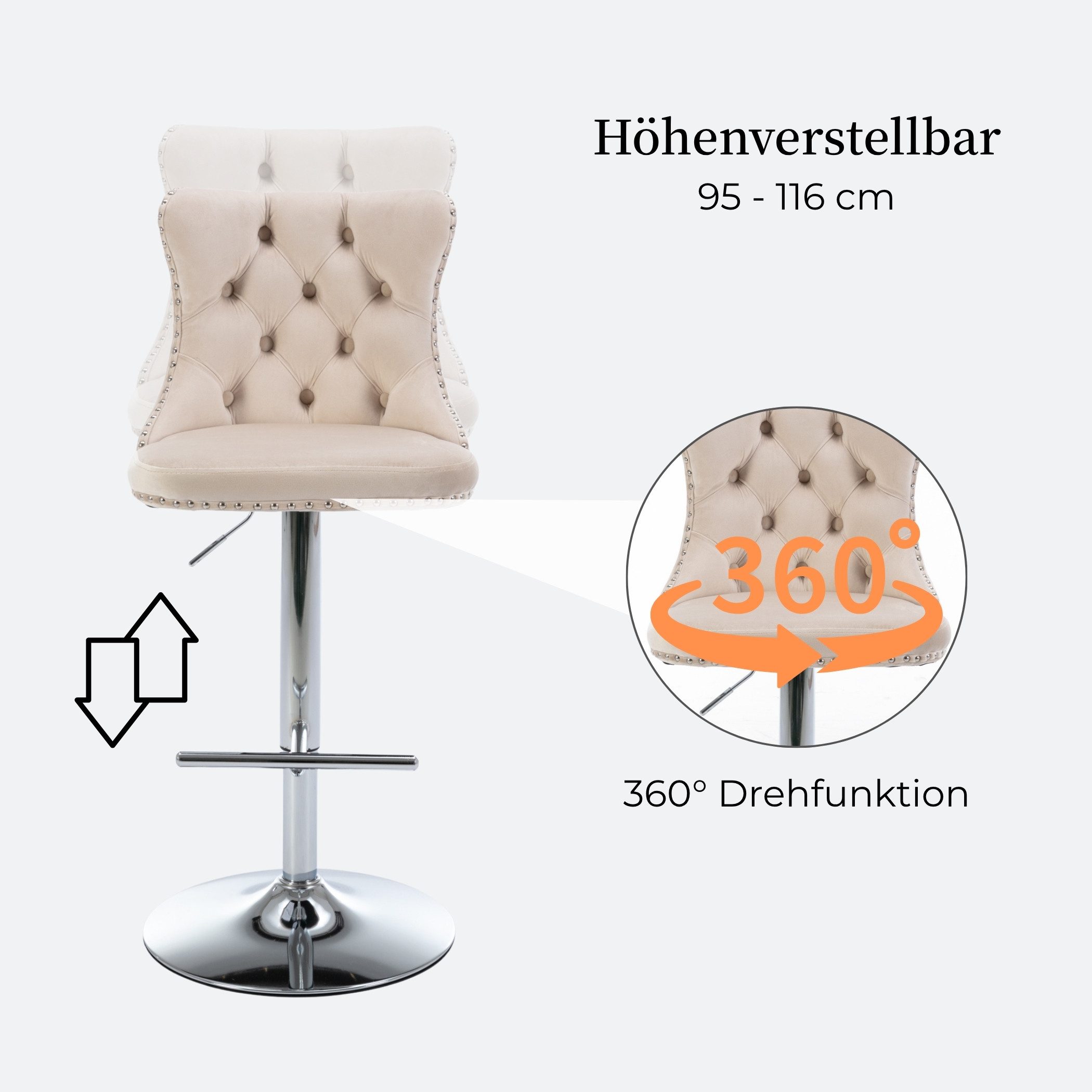 SeedWave Barhocker 2er Set Barstuhl Höhenverstellbarer Samt Drehhocker mit Fußstütze, Sitzhöhe: 63-84cm, Chromgestell, Nietenverzierung