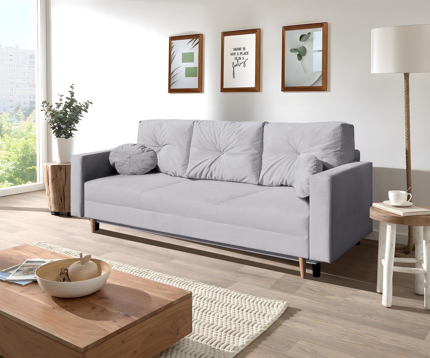 Beautysofa 3-Sitzer MILAN, skandinavisches Design, Wellenunterfederung, Bettkasten, Holzbeine, 3-Sitzer Sofa mit Relaxfunktion Hellgrau (trinity 32)