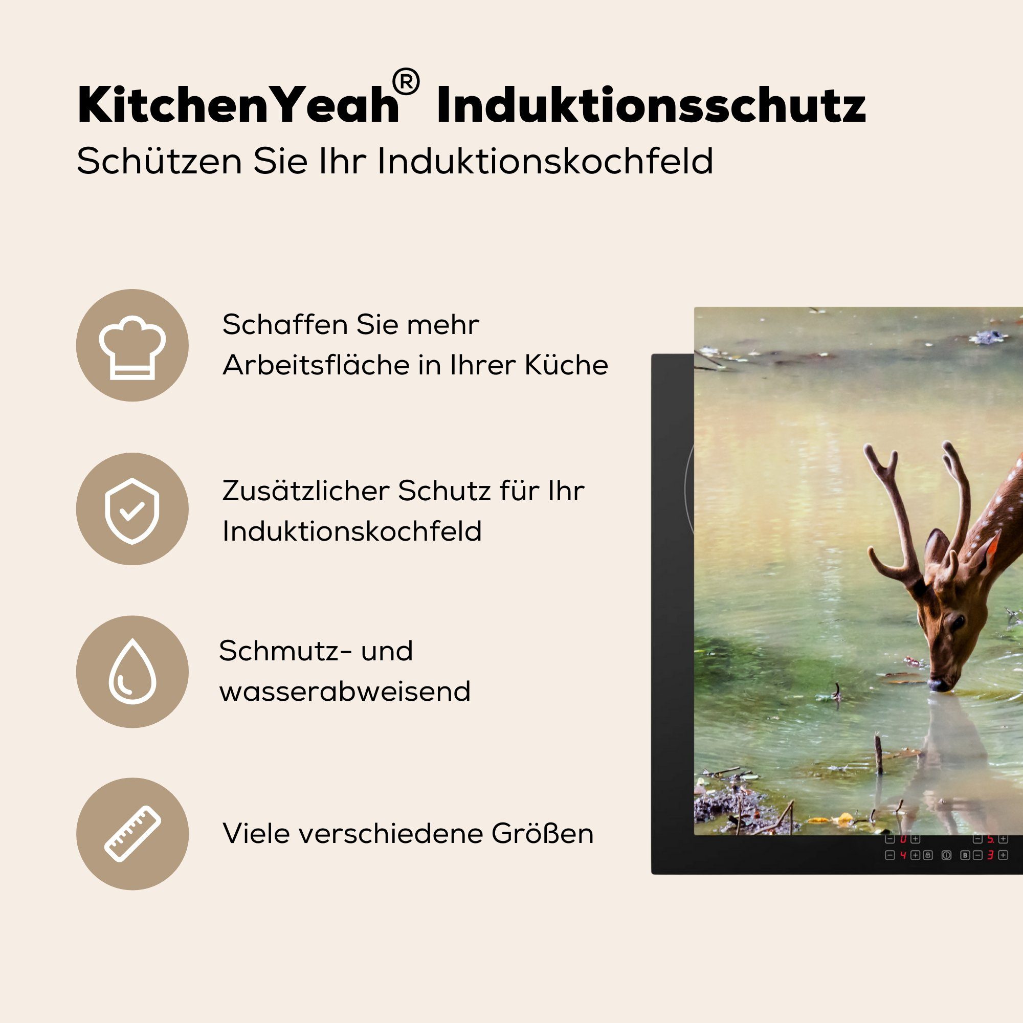 MuchoWow Herdblende-/Abdeckplatte Hirsche für Vinyl, (1 tlg), Ceranfeldabdeckung - Wasser, die cm, Schutz Induktionskochfeld Geweihe - 81x52 küche