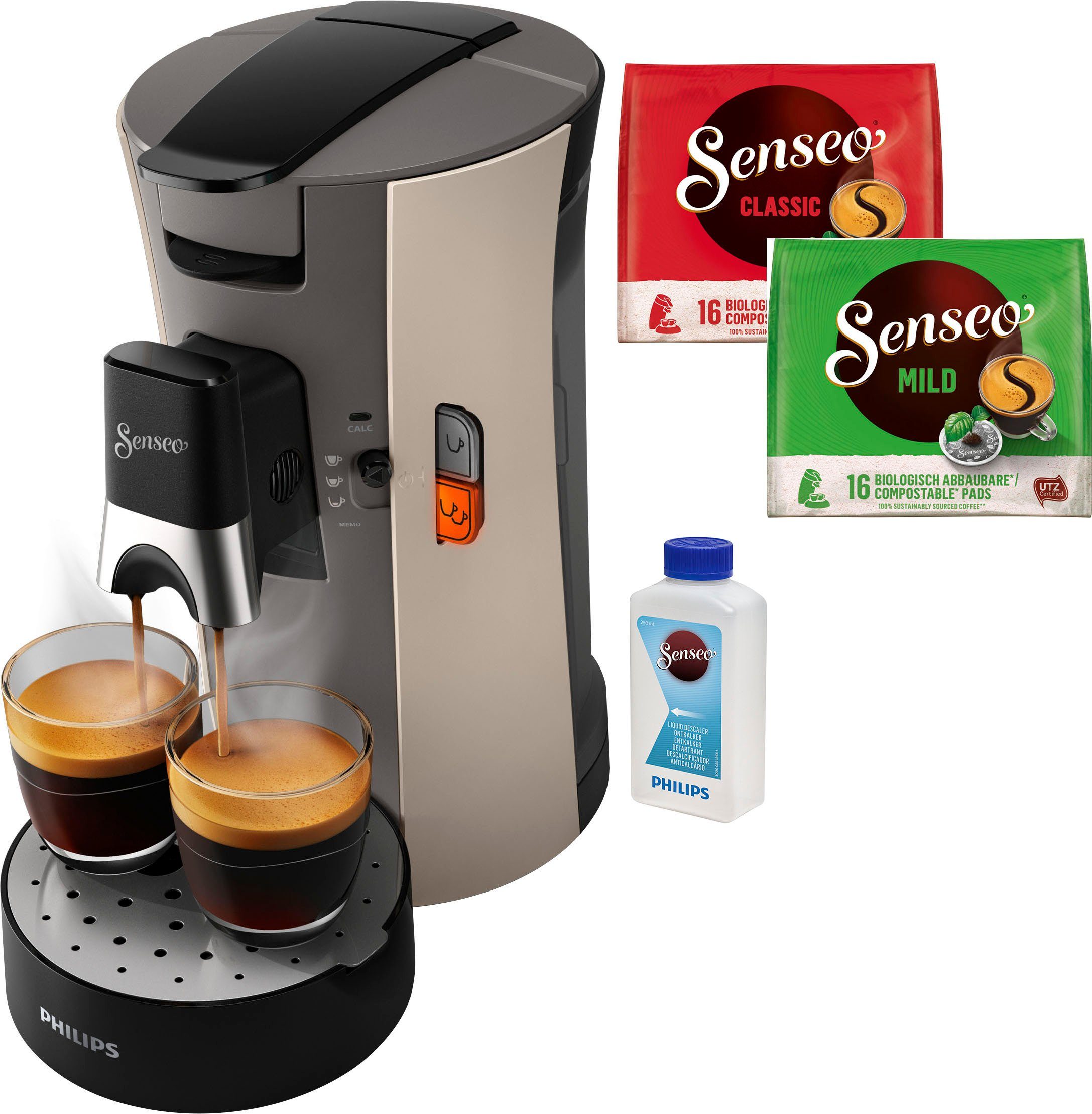Philips im Senseo € Gratis-Zugaben 21% Memo-Funktion, inkl. Select von Kaffeepadmaschine aus Kaffeespezialitäten, CSA240/30, +3 UVP Plastik, recyceltem 14,- Wert