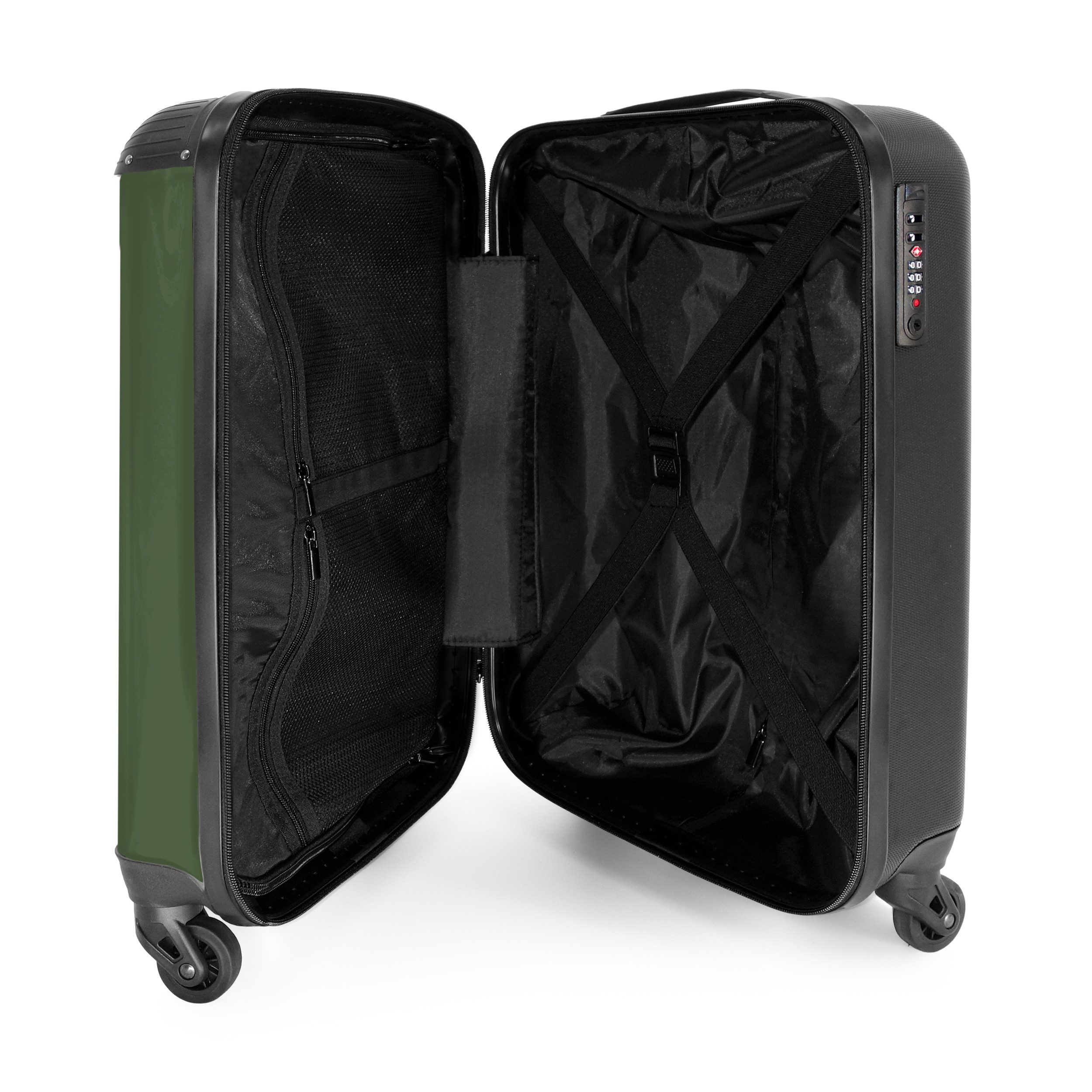 NoBoringSuitcases.com© Hartschalen-Trolley Grün mit beigen Palmen 55x35x20cm, 4 Rollen, Reisekoffer mit 4 Rollen, Carry on luggage, Männer