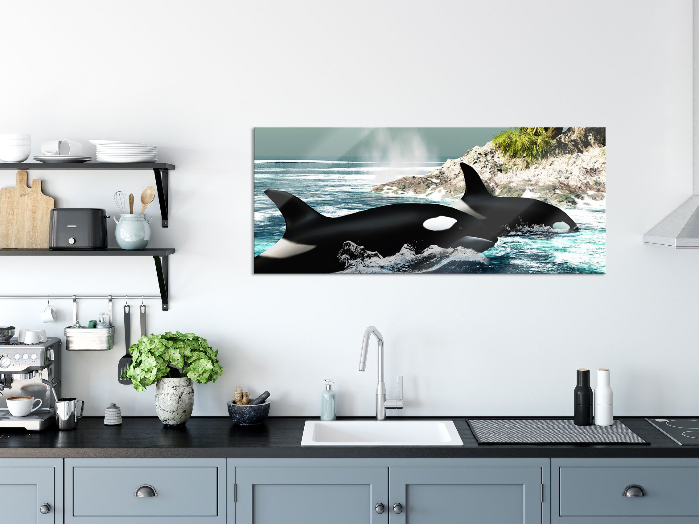 Pixxprint aus Abstandshalter Glasbild und Orcas (1 Orcas vor Insel, Echtglas, inkl. Glasbild Insel Aufhängungen St), vor