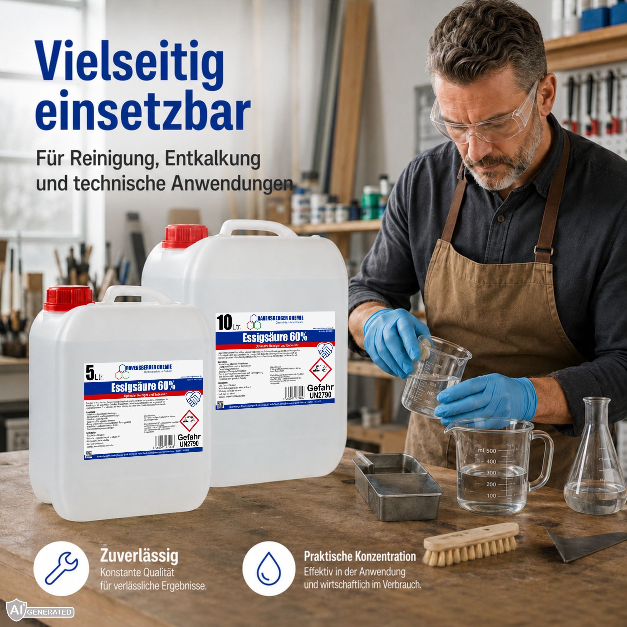 Ravensberger Chemie Essigsäure 60% - für Haushalt, Garten & Industrie Essigreiniger (3-St. 10L Essigsäure 60 % – Konzentrierter Reiniger und Entkalker)
