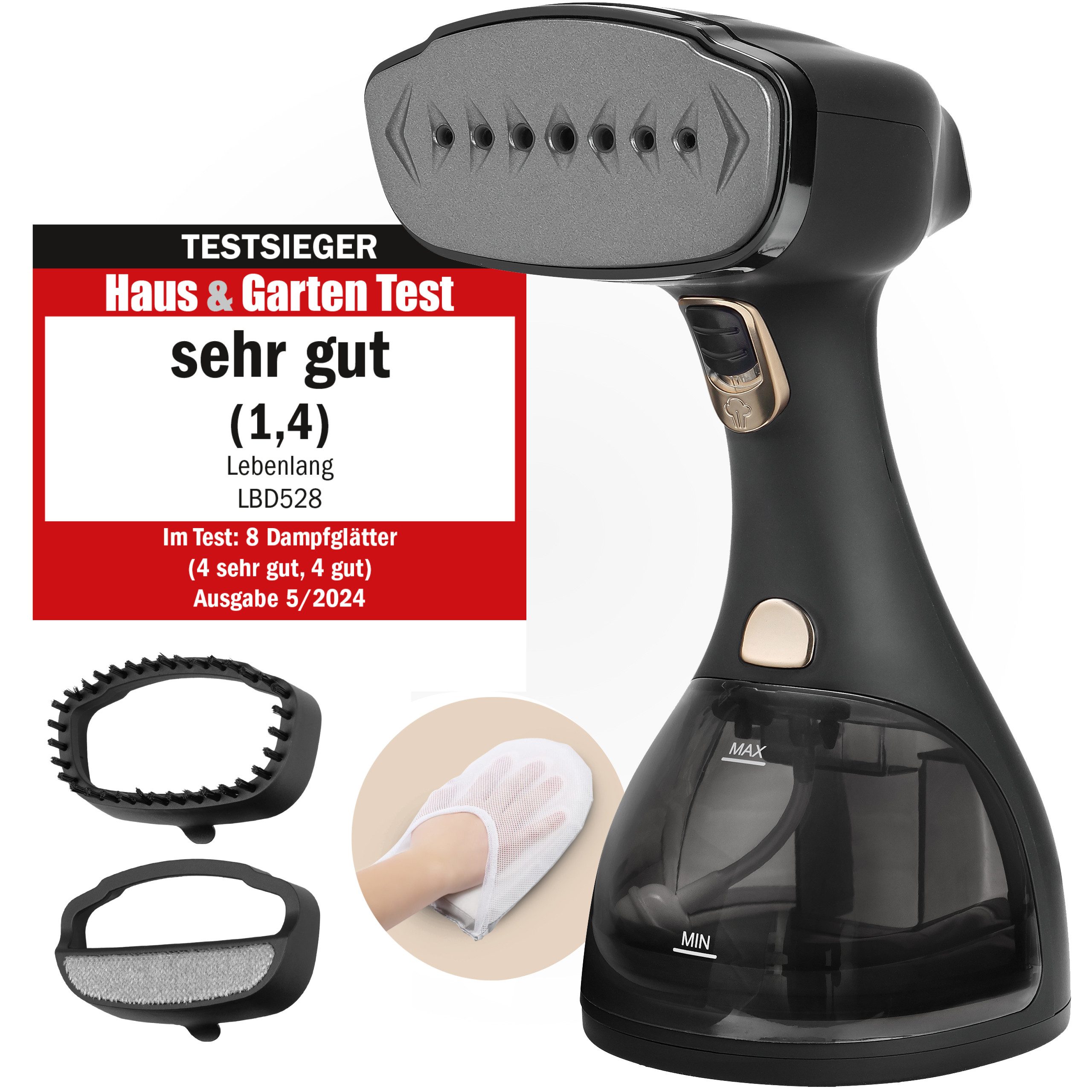 Lebenlang Dampfbügeleisen Steamer Dampfglätter für Kleidung Hand Dampfbürste, 1500,00 W, Inkl. Bügelhandschuh, <30 Sekunden Aufheizen, 300ml Tank