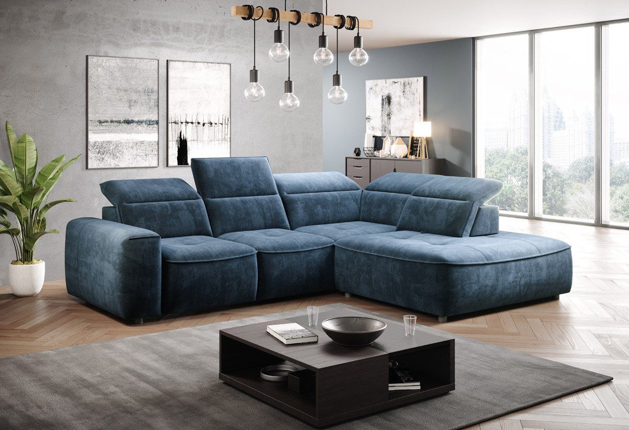 WOHNKLUSIV Ecksofa Design Ecksofa FERRARA, Bettkasten, elektrische Sitztiefenverstellung, elektrische Sitztiefenverstellung, verstellbare Kopfstützen Palladium 13 Azur