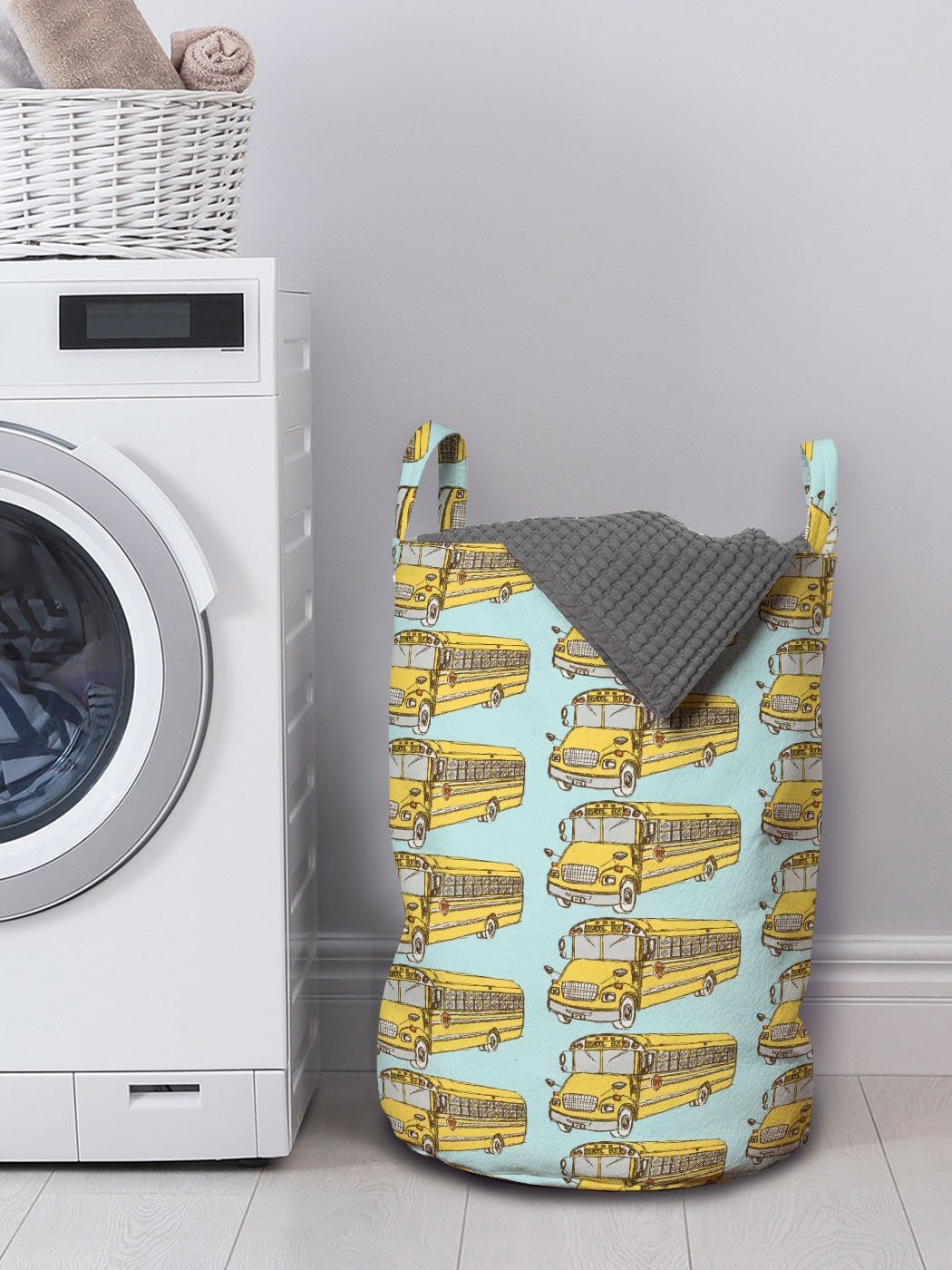 Kordelzugverschluss Waschsalons, Wäschekorb mit Abakuhaus Schule Muster für Retro Wäschesäckchen Schulbus Griffen Alte