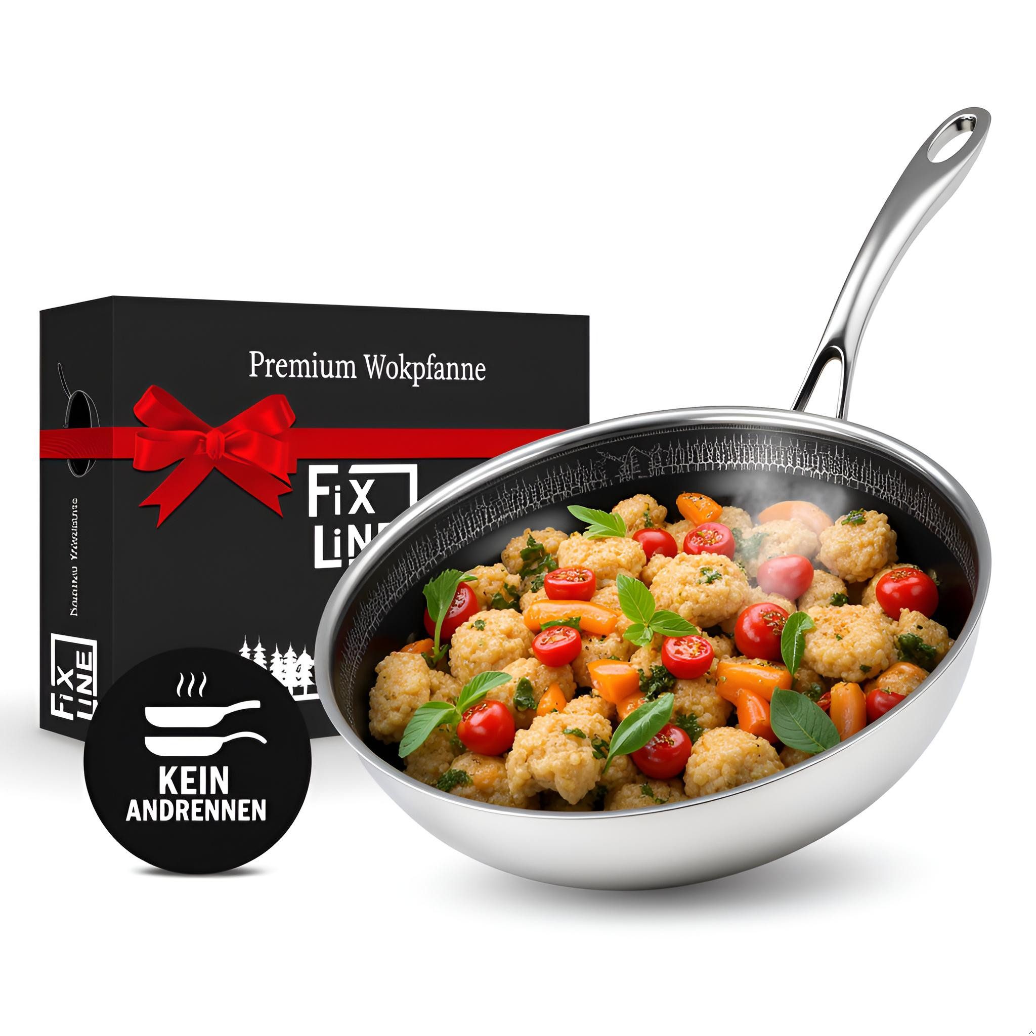 FIXLINE Wok Pfanne 28cm Black Forest Edition Beschichtet Induktion Alle Herdarten, Edelstahl (Einzel, 1 Wok Pfanne), Lieblingswok in der Küche