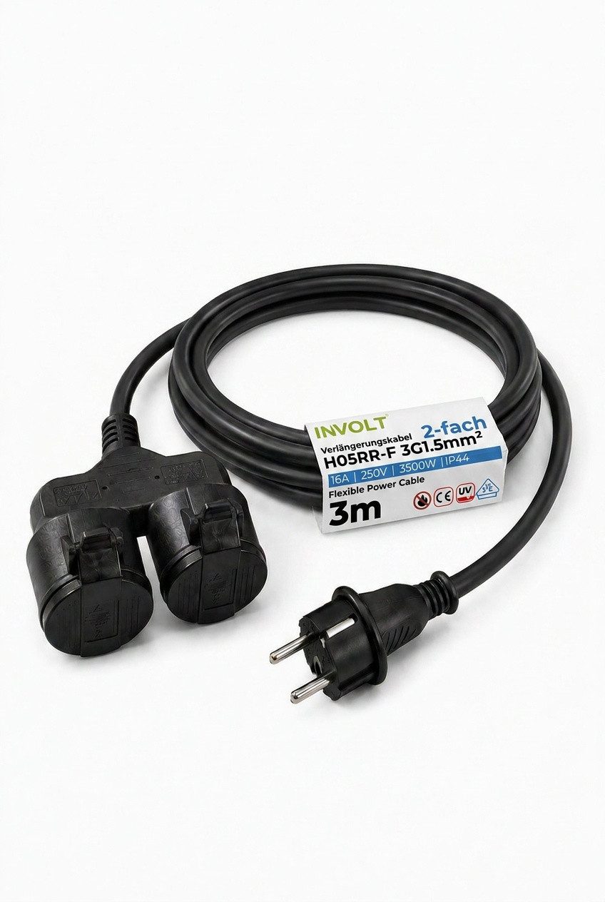 INVOLT H05RR-F 3G1,5mm² Verlängerungskabel, 2 Schuko Steckdosen, Außenbereich Verlängerungskabel, (300 cm)