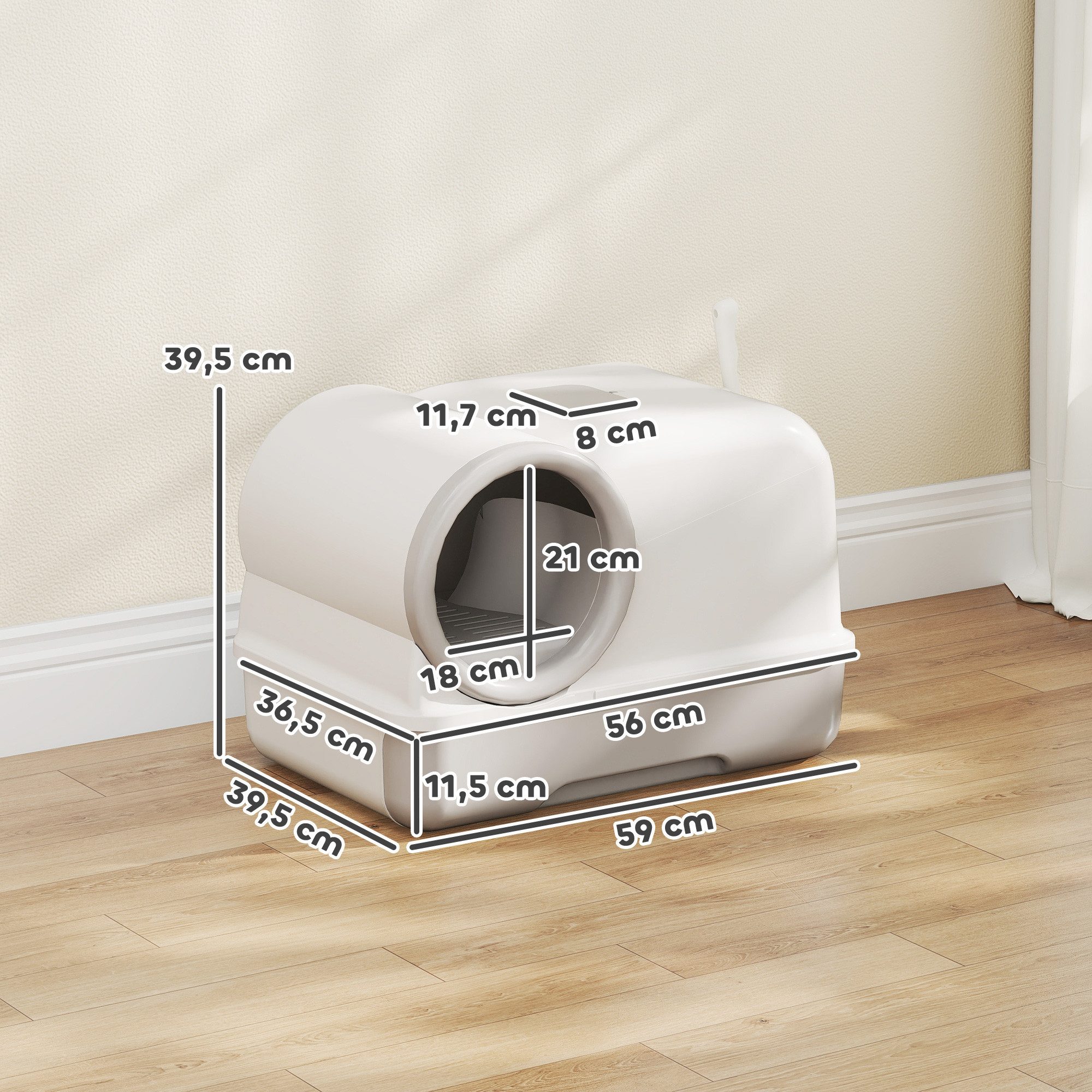 PawHut Katzentoilette Katzenklo mit Deckel Schaufel ausziehbares Tablett 2 Aktivkohlefilter, für Katzen bis 5 kg 59 x 39,5 x 39,5 cm Weiß+Grau