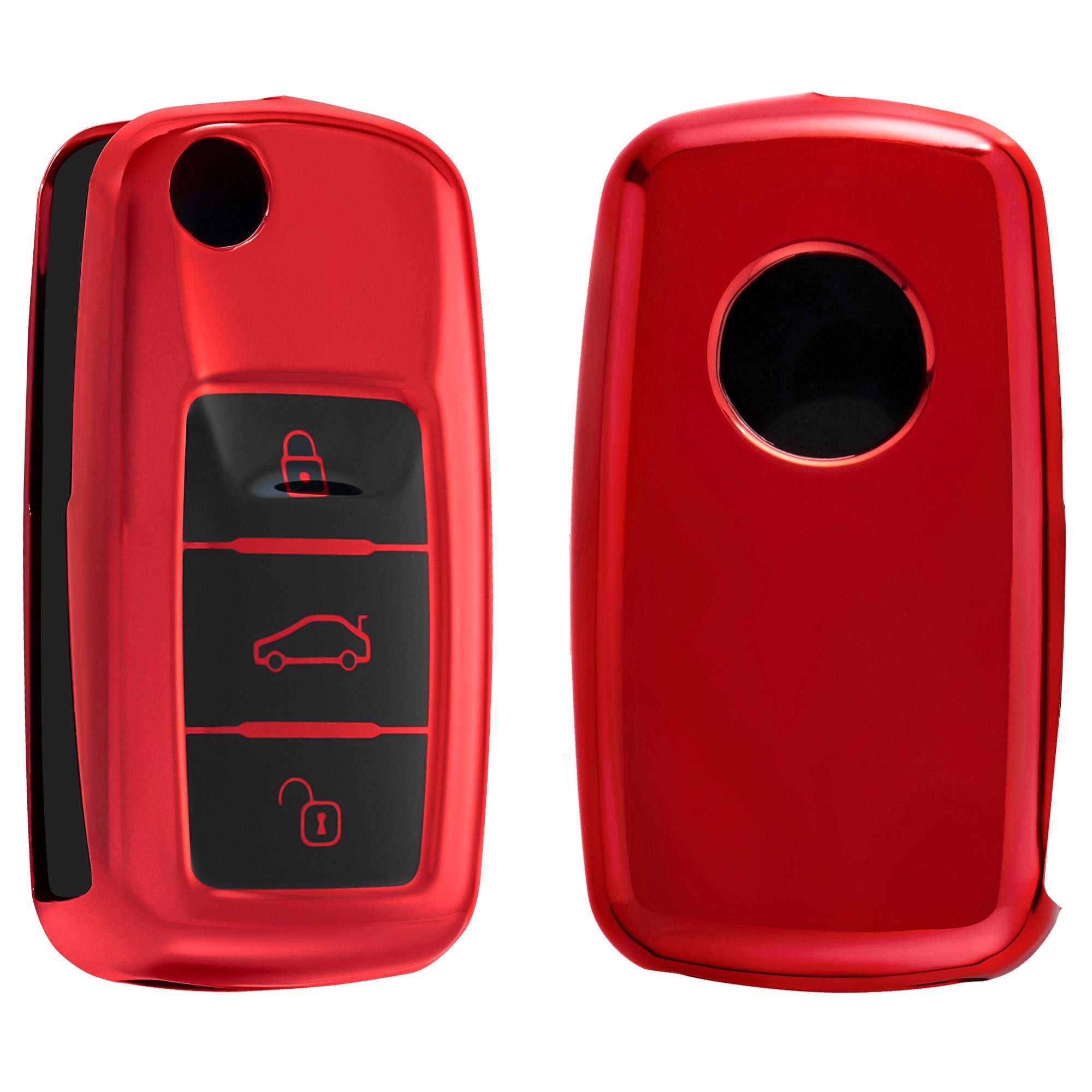 Schlüssel Silikon kwmobile Seat, VW Case für Skoda Autoschlüssel Schlüsseltasche Hülle Hochglanz Schlüsselhülle Rot Cover