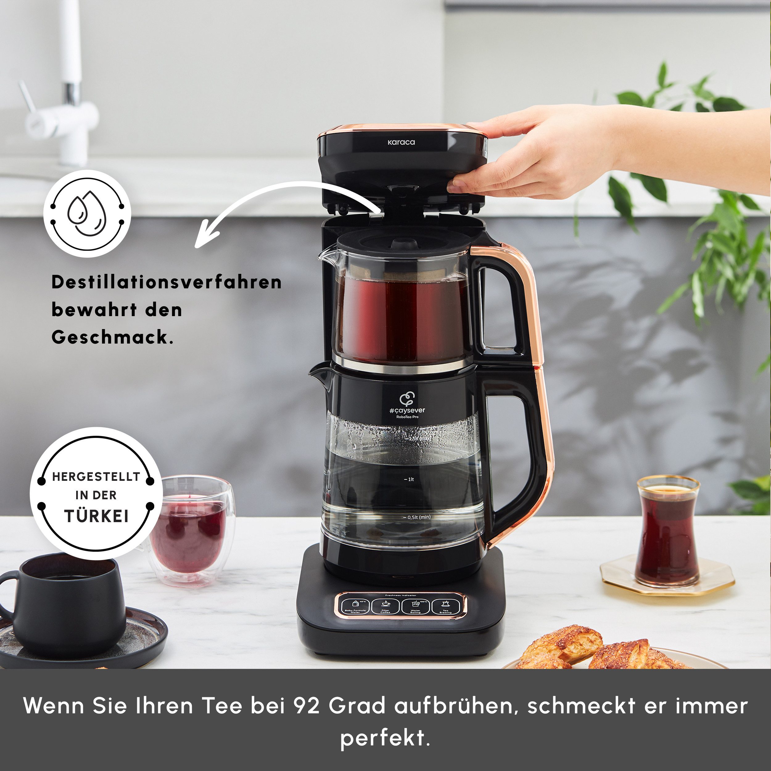 Karaca Wasserkocher Karaca Robotea Pro 4in1 Teekocher + Kaffeemaschine,Glas Schwarz Kupfer, 2500 W
