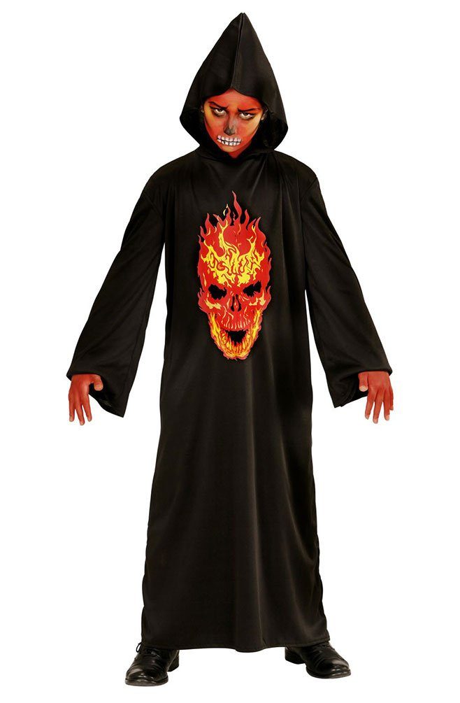 Karneval-Klamotten Teufel-Kostüm Gewand Kinder schwarz mit Aufdruck Teufel, Kinderkostüm Kapuzenumhang Halloween ohne Maske