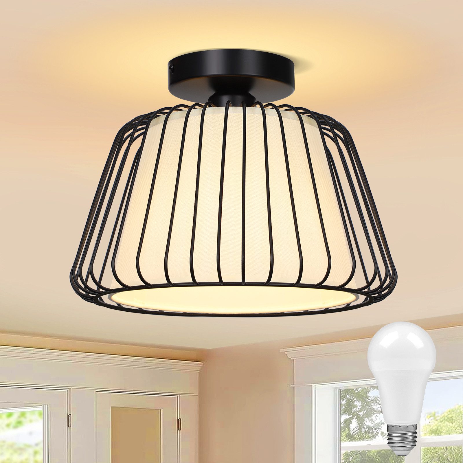 Lapalife LED Deckenleuchte Deckenlampe Metallkäfig Mit Stoffschirm, 3-Farben, LED Deckenleuchte, Memory-Funktion, E27, für Wohnzimmer Küche Esszimmer Landhausstil
