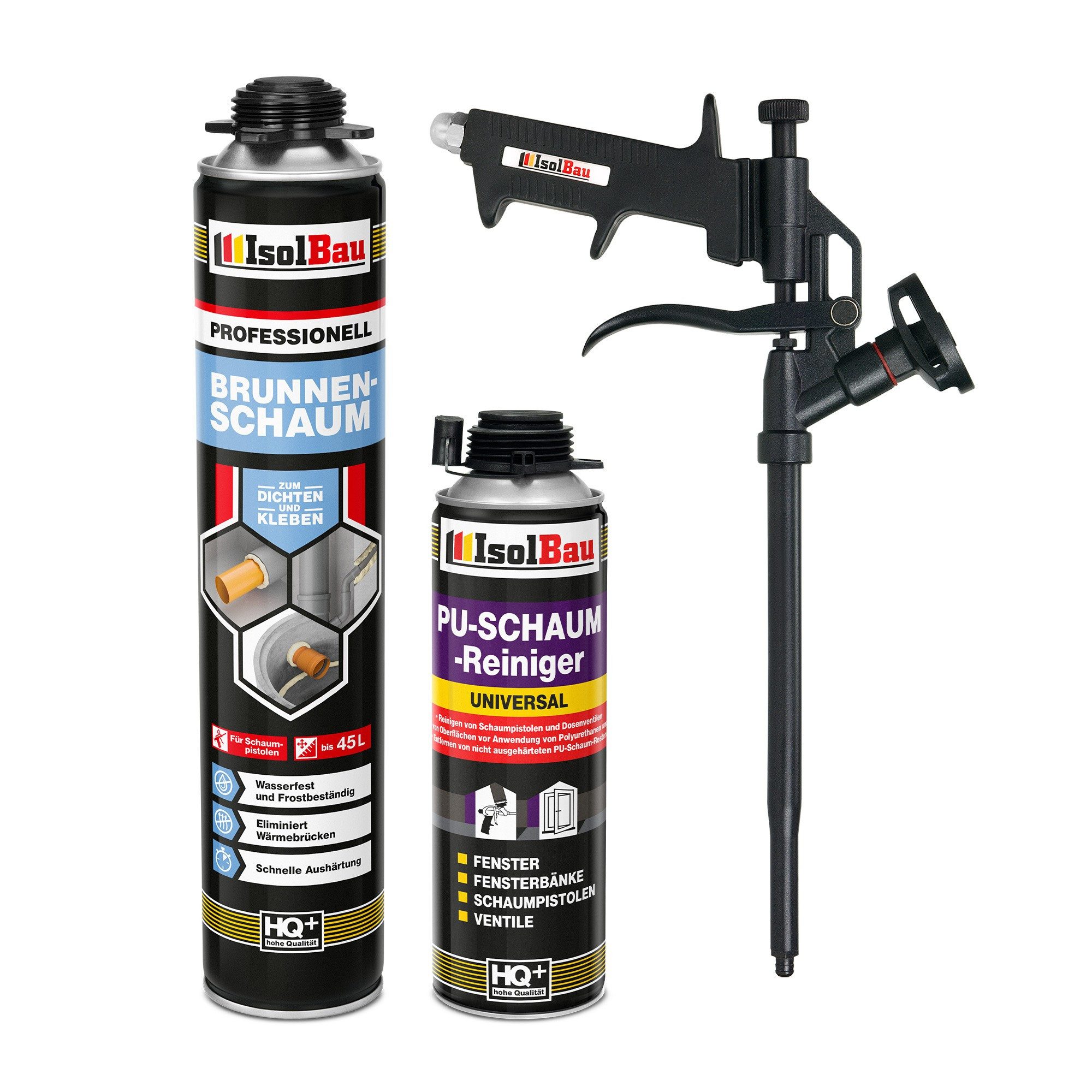 None Montagekleber Isolbau SET Brunnenschaum 1K Bauschaumpistole PU-Schaum 750 ml, Montageschaum 750 ml, 1 x PU-Schaum-Reiniger & 1 x Schaumpistole