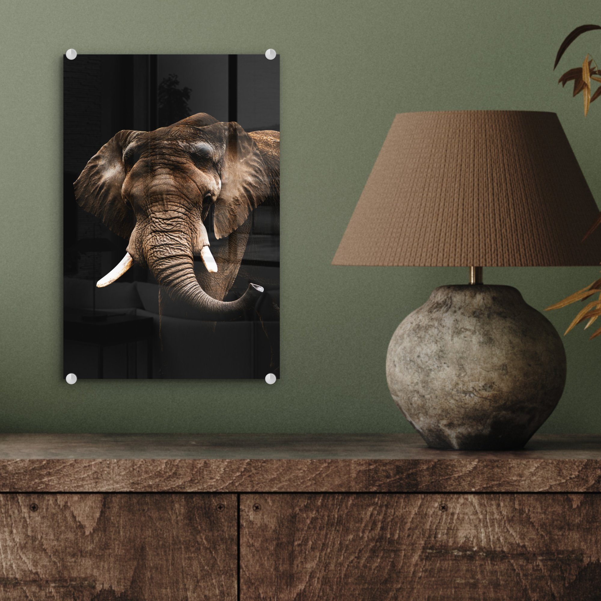 MuchoWow Acrylglasbild Elefant - Schwarz Wanddekoration Foto St), auf - Glas Glas auf Glasbilder bunt (1 Tiere, - - - Wandbild Bilder