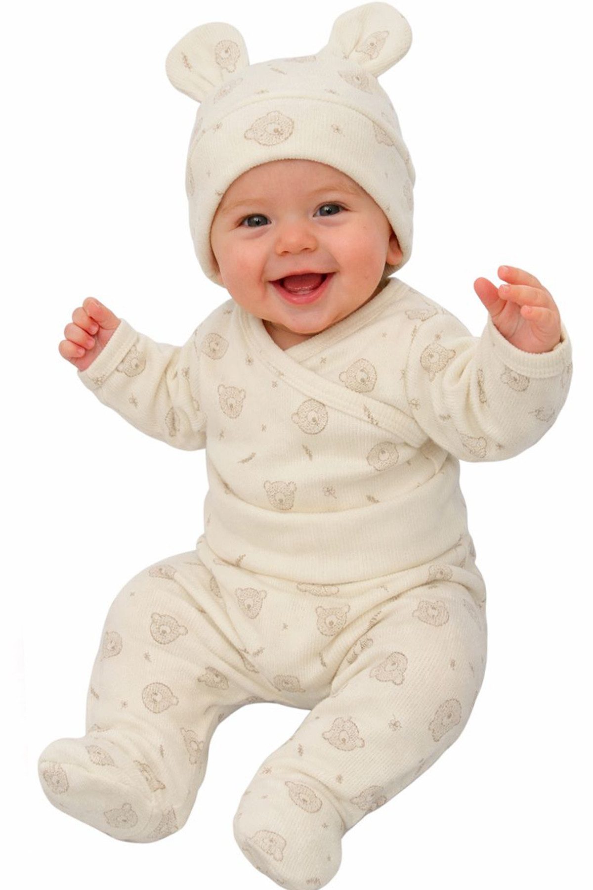 La Bortini Body & Hose Erstlingsset Baby Anzug Langarmbody Hose Mütze Wickelbody Set in Creme, gerippt, mit Bärchen 44 50 56 62