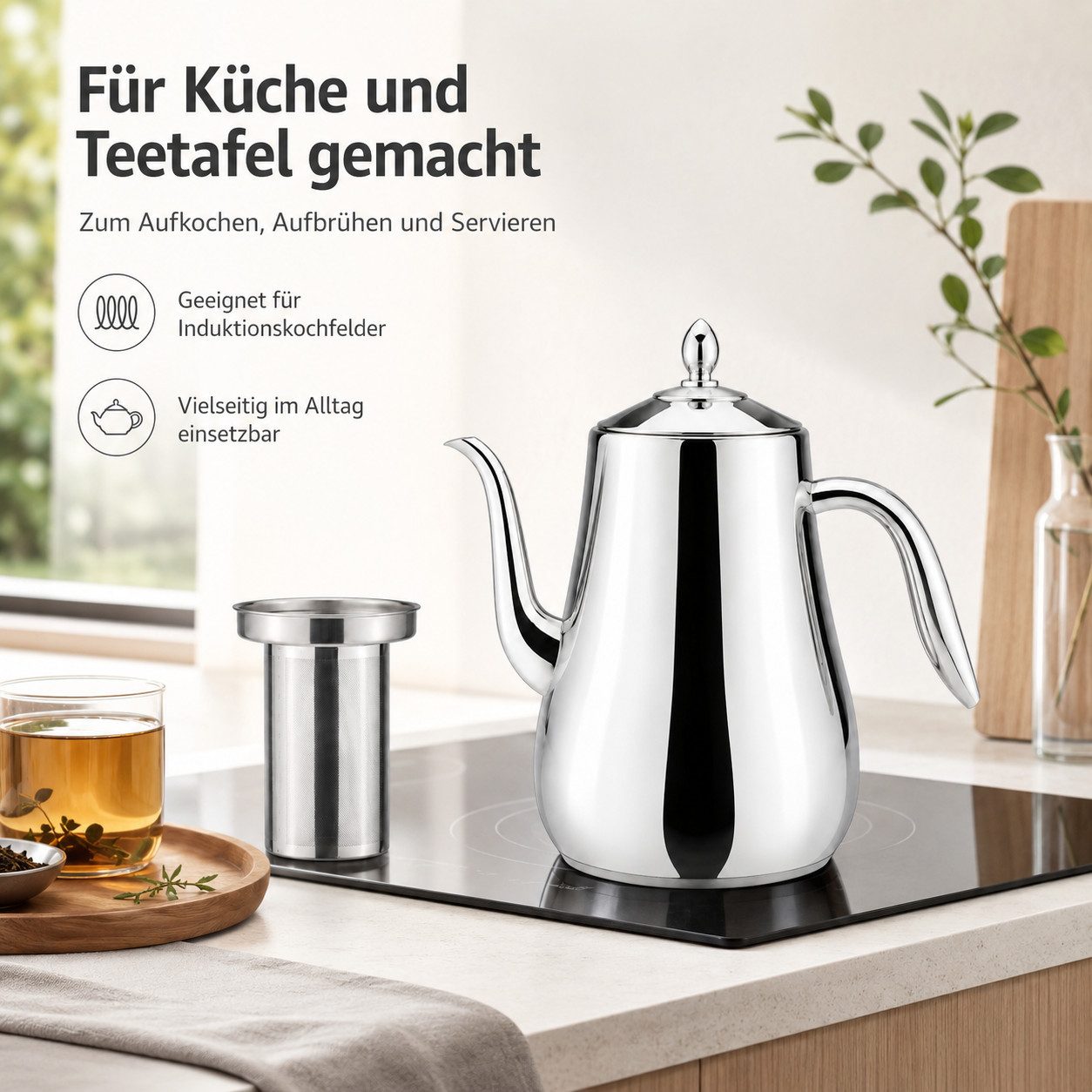 Tekoo Teekanne Edelstahl Wasserkessel 1,55 L, Schwanenhals-Auslauf, mit Filter, Schwanenhals, Inkl. Feinfilter, Induktionsgeeignet, Dampfaustritt
