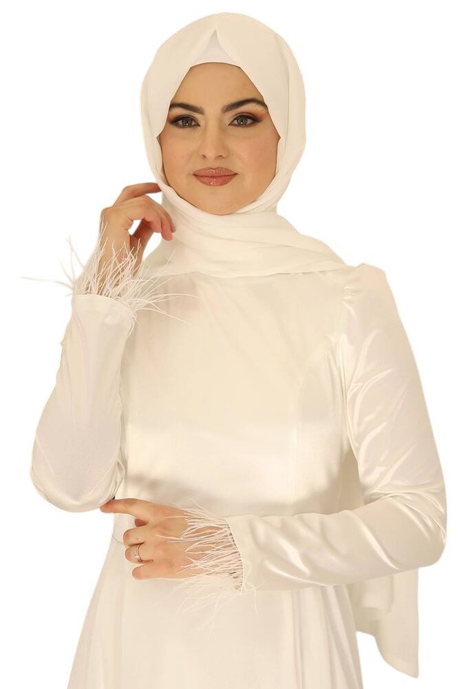 fashionshowcase Satinkleid Damen Abendkleid schlicht Abiye Abaya Modest Fashion Federdetails am Saum und an den Ärmelabschlüssen