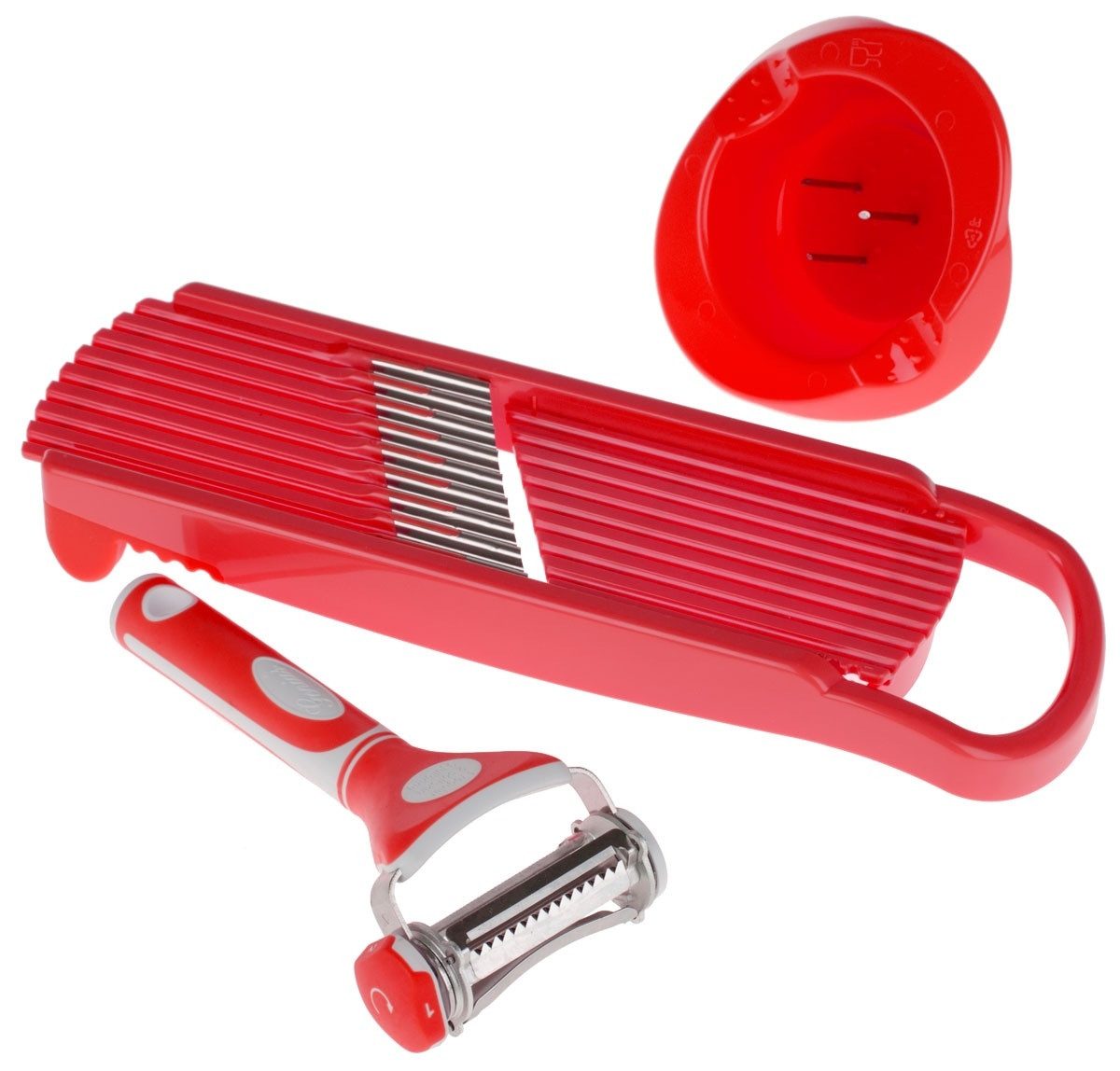 Genius Gemüsehobel Genius Wellenschnitt-Hobel mit Trio-Schäler Sparschäler Reibe rot, Edelstahl / Kunststoff