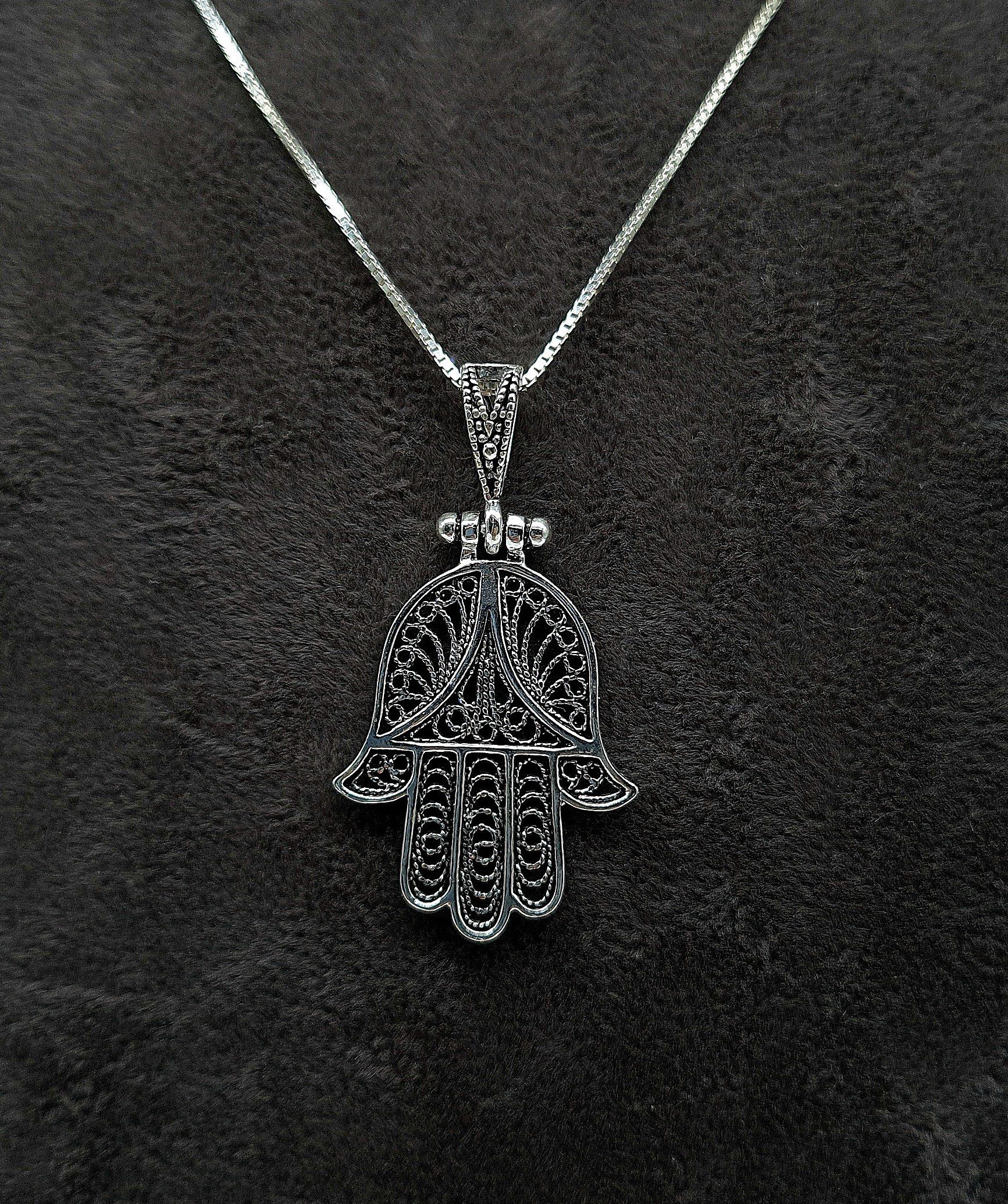 NAHLE Kette mit der Fatima Hand (inkl. Hamsa 925 Silber Schmuckbox), Anhänger rhodiniert / Silberkette