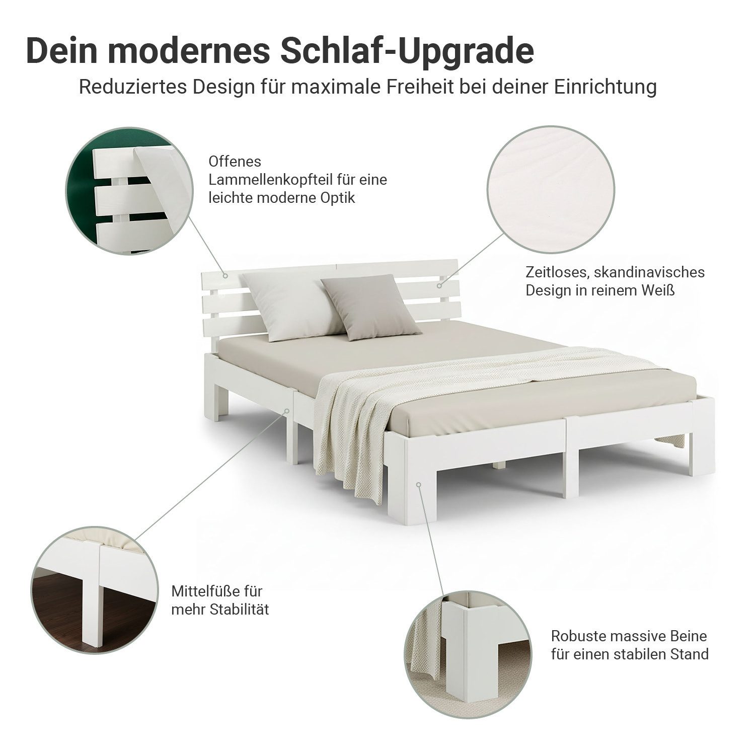 Homestyle4u Holzbett 90x200 120x200 140x200 160x200 180x200 Doppelbett Kopfteil Lattenrost (Set, mit Lattenrost, Weiß), 140x200, modern, stabil