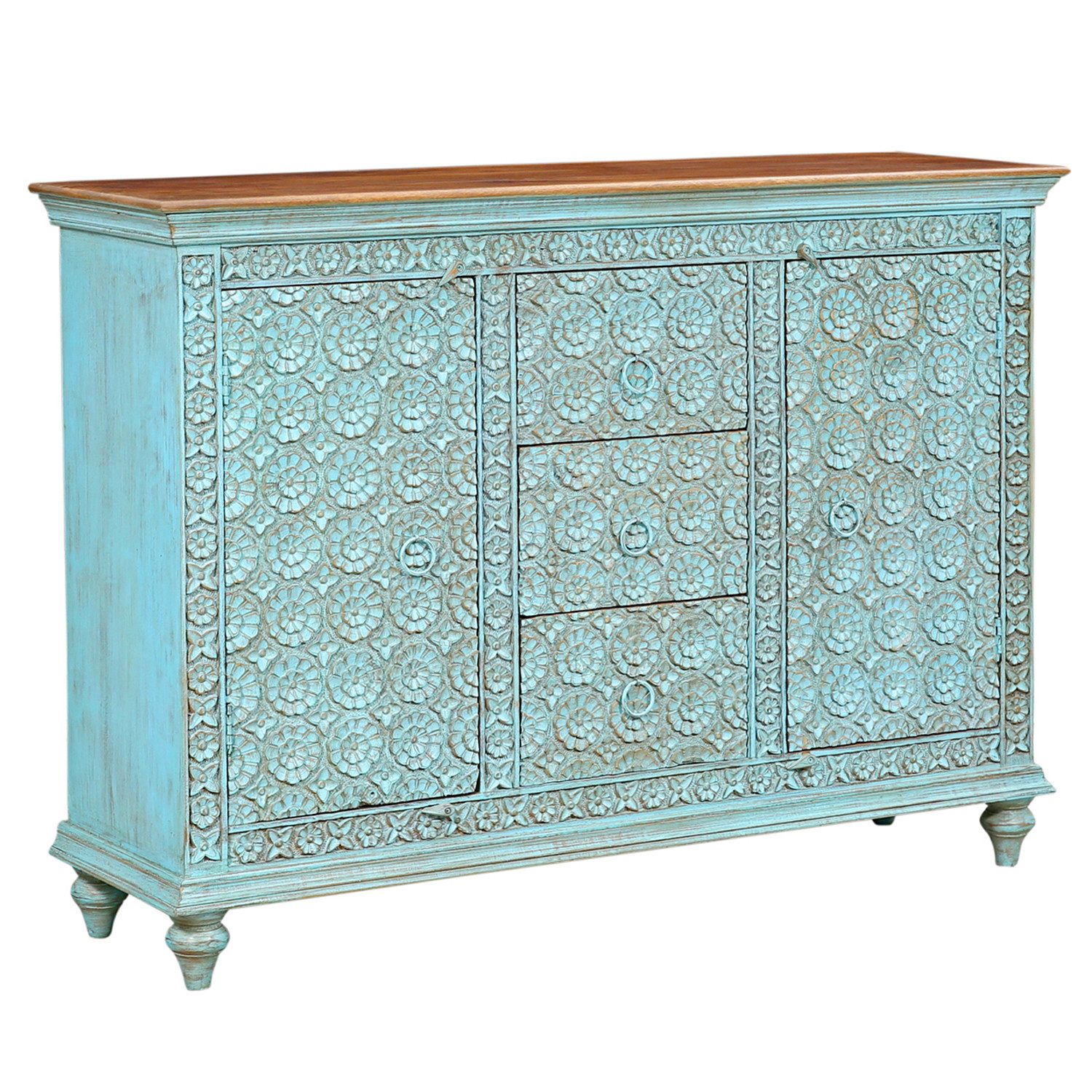 Marrakesch Orient & Mediterran Interior Sideboard Sideboard Kabira blau – Massivholz handgeschnitzt, 148 cm Vintage Stil (1 St), Handarbeit