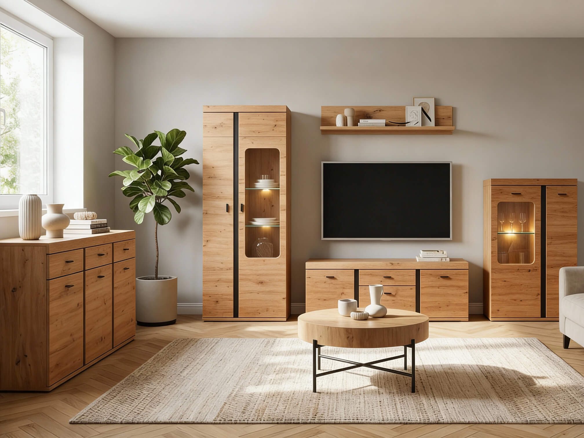 moebel-dich-auf Wohnwand KOS, (in Artisan Eiche, Vitrine + Wandboard + Lowboard + Stauraumelement), Softclose, inkl. LED-Beleuchtung