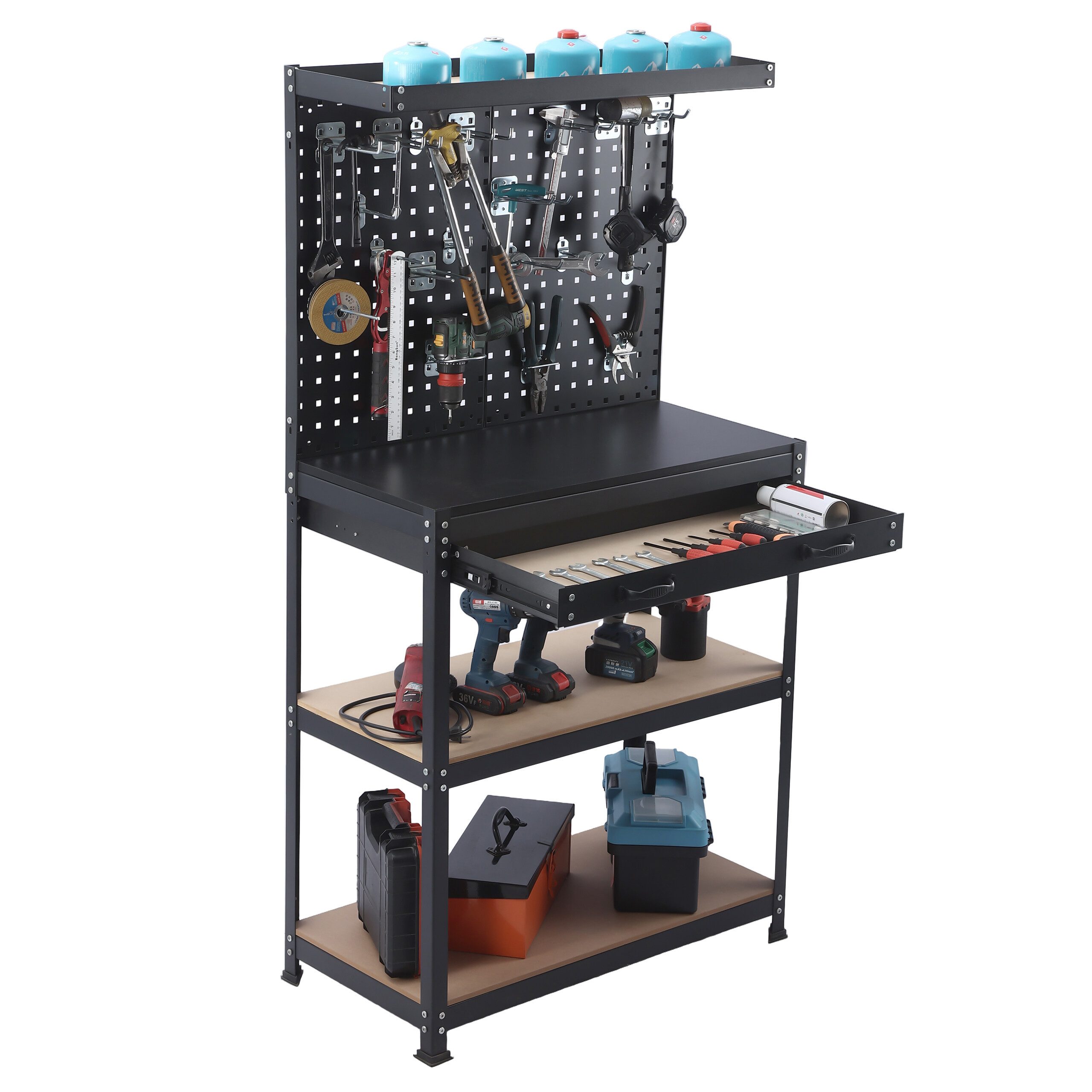 relaxdays Werkbank mit Lochwand & Schublade, (20-tlg)