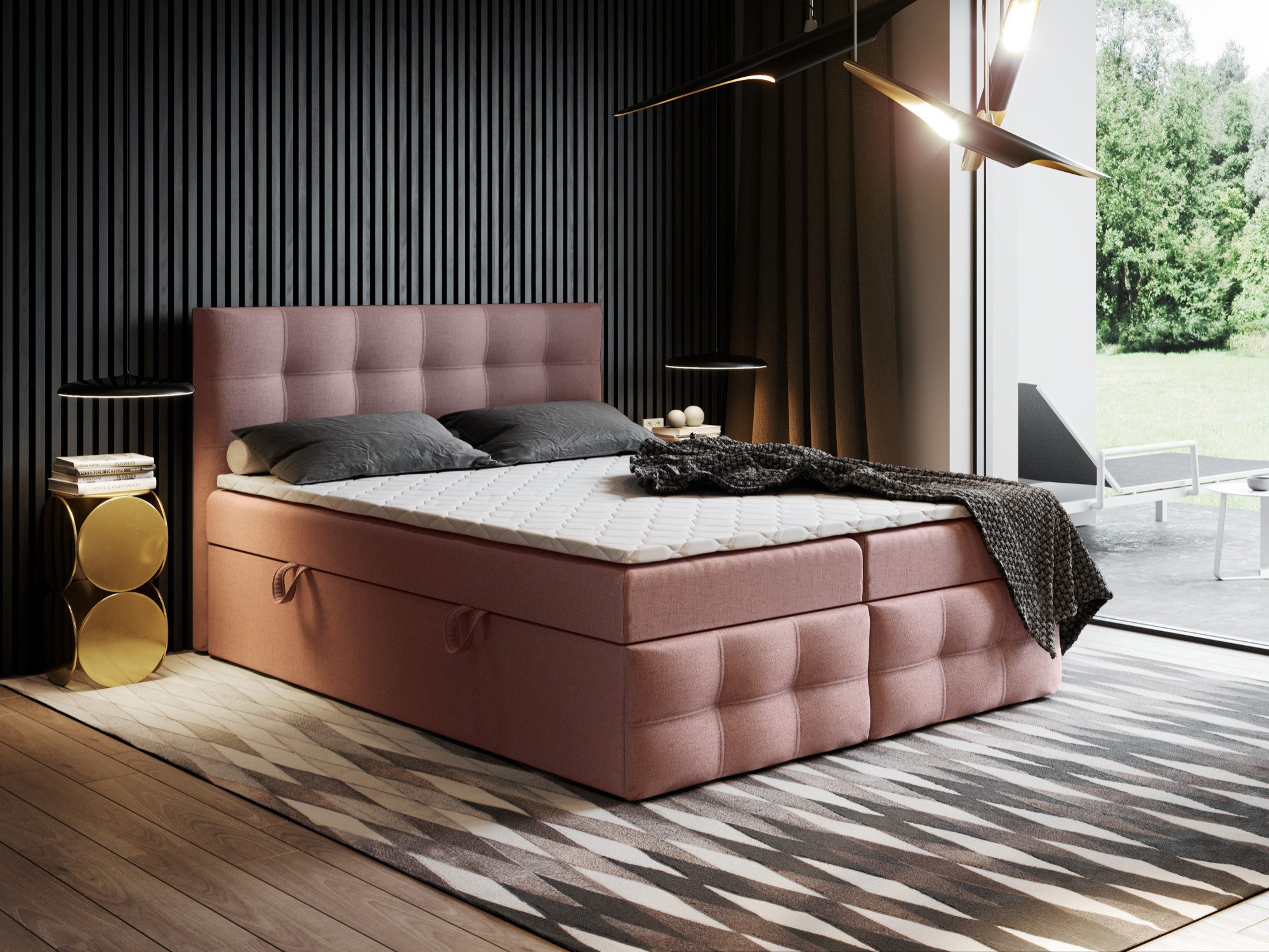 Godre Boxspringbett mit Bettkasten Ewora 3 180x180 cm - Bonellfederkern Matratze (Bett + Matratze), Bett mit zwei seitlich zu öffnenden Kästen