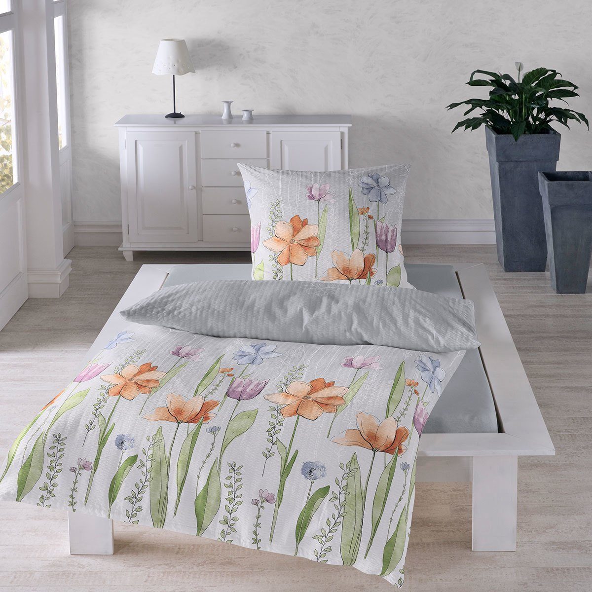 Bettwäsche Aquarell Blumen, TRAUMSCHLAF, Seersucker, 2 teilig, florale bügelfreie Sommerbettwäsche