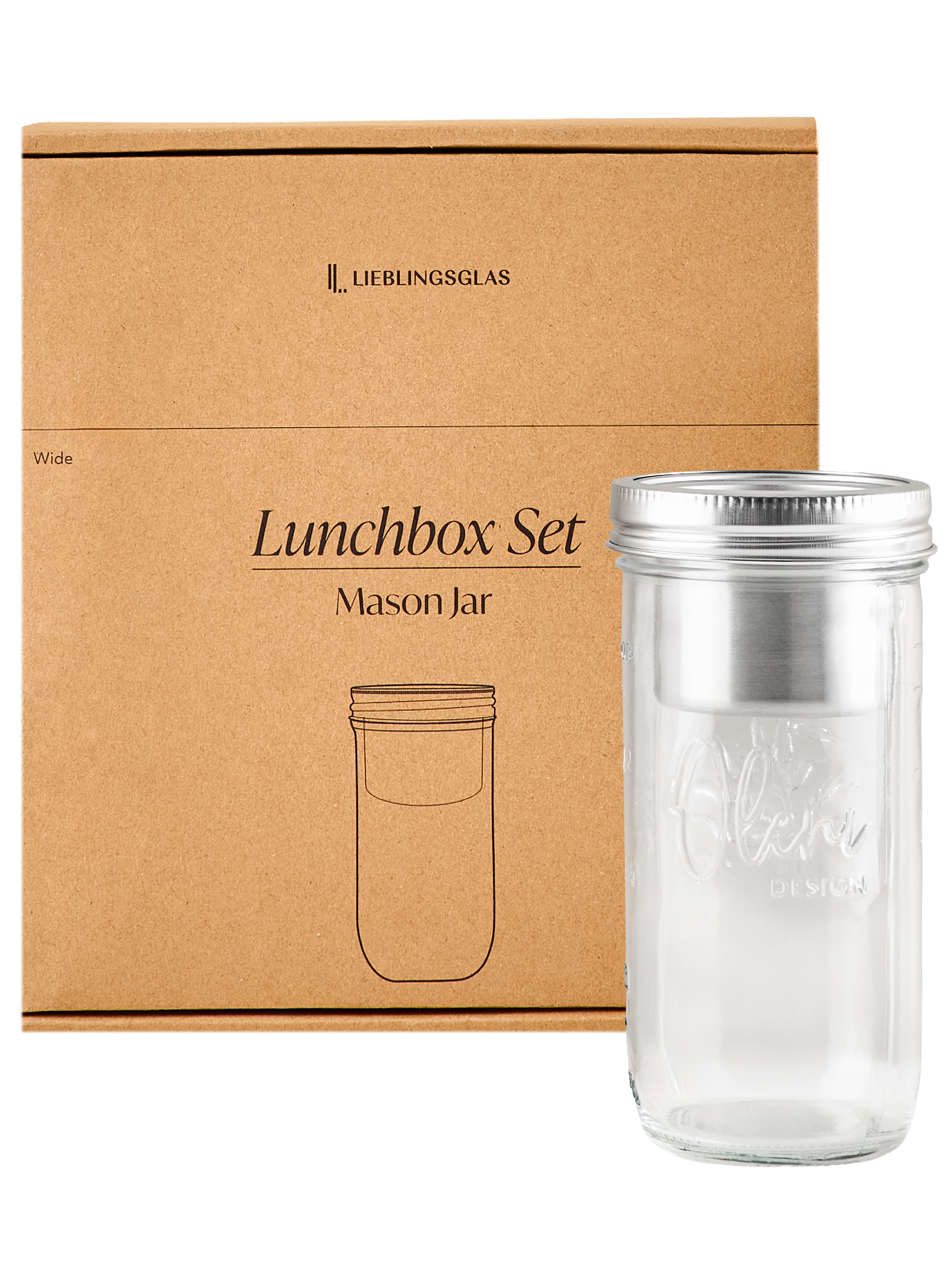 Lieblingsglas Lunchbox Mason Jar Lunchbox, Edelstahl, Glas, (Set mit Glas und Einsatz, Lunchbox-Set bestehend aus Glas und Edelstahl-Einsatz), Mason Jar Lunchbox mit Edelstahl-Einsatz, auslaufsicher